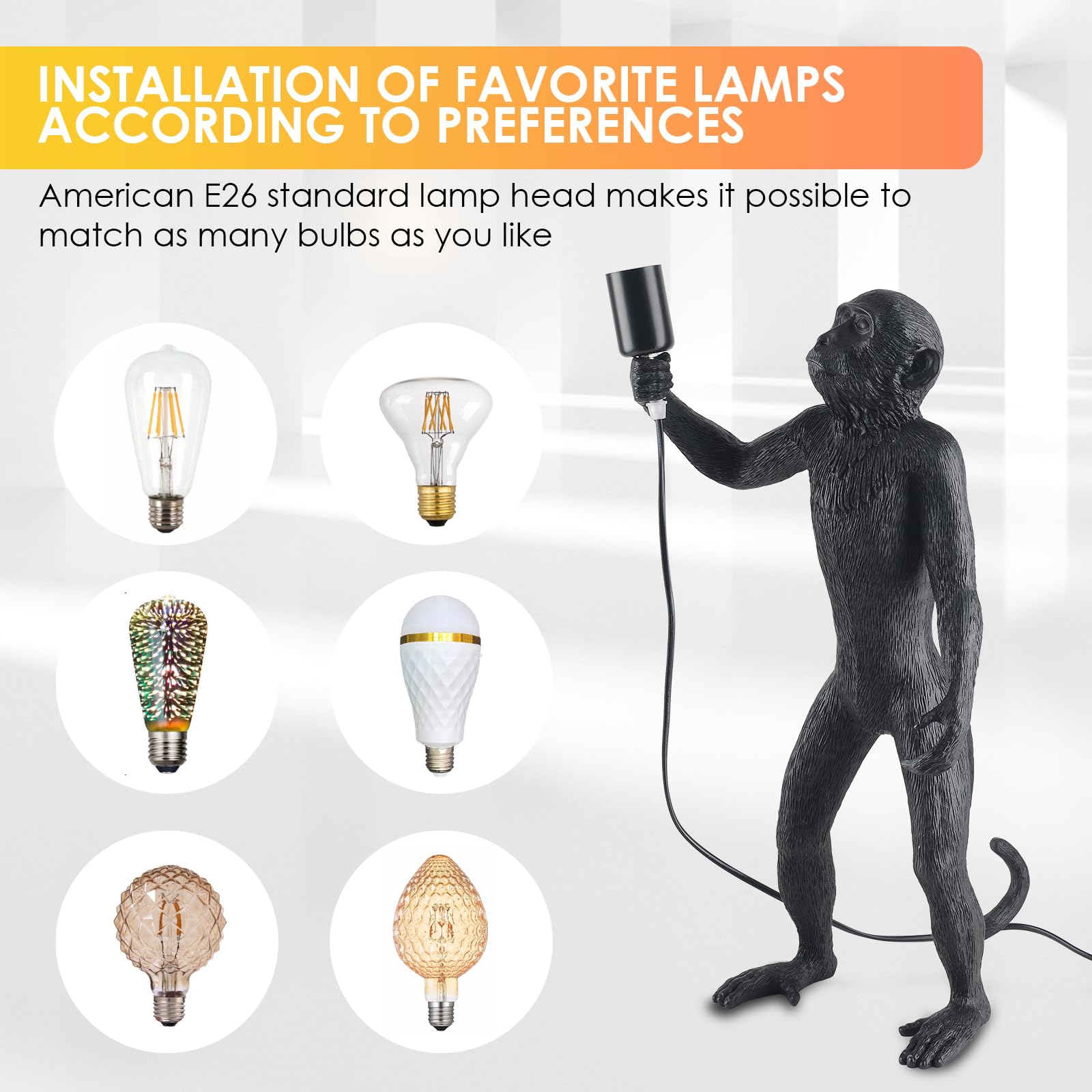 Modern Resin Standing Monkey Table Lamp - LED Desk Lamp for Home Decor, Bedroom, Living Room, Office & Kids Room - Animal-Themed Night Light for Reading & Ambient Lighting (Black Standing)