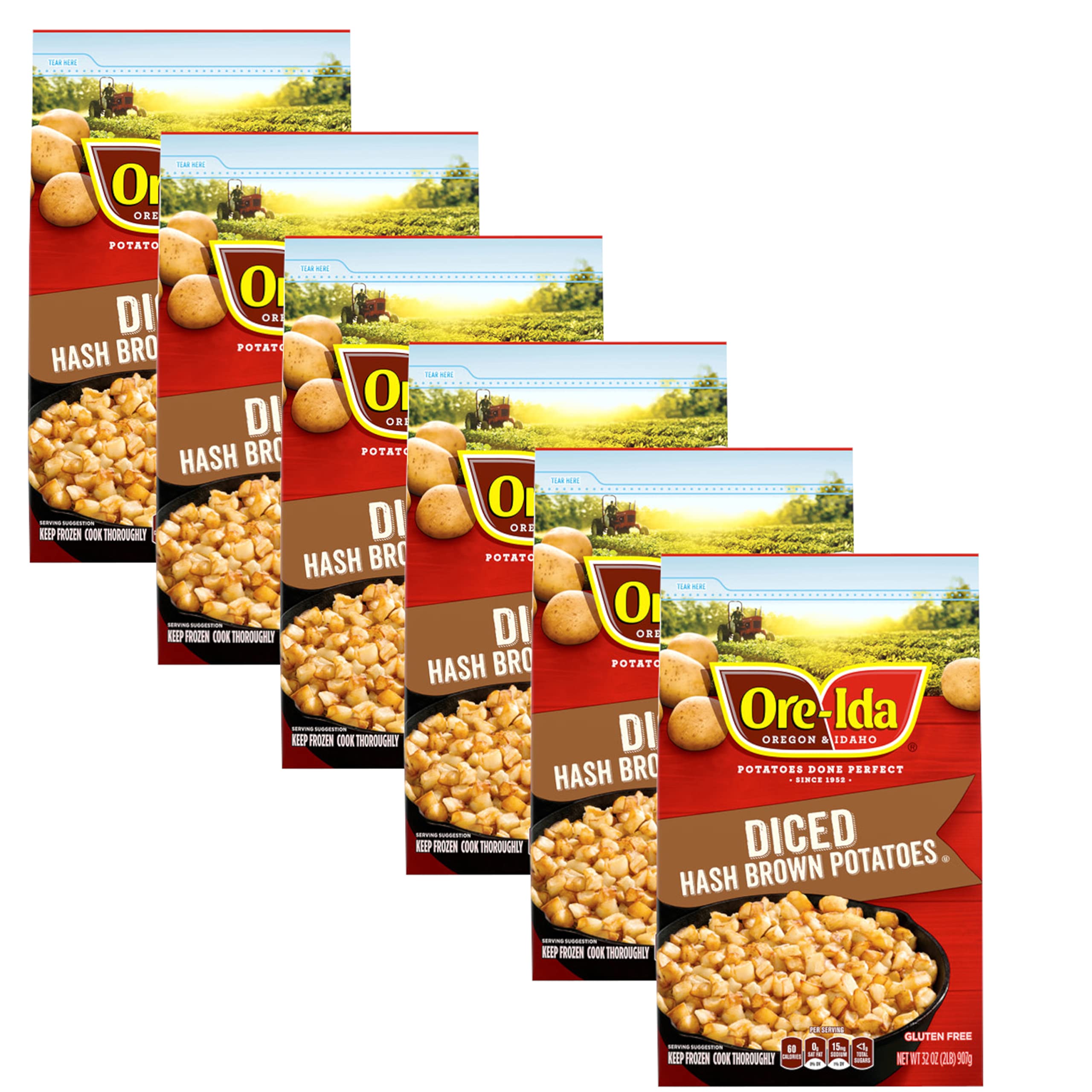 Ore-Ida Diced Potato Hash Browns - Gluten Free, Kosher Certified, 60 Calories per Serving - 6 Pack (32 oz Each) - Perfect for Breakfast, Brunch & Meal Prep
