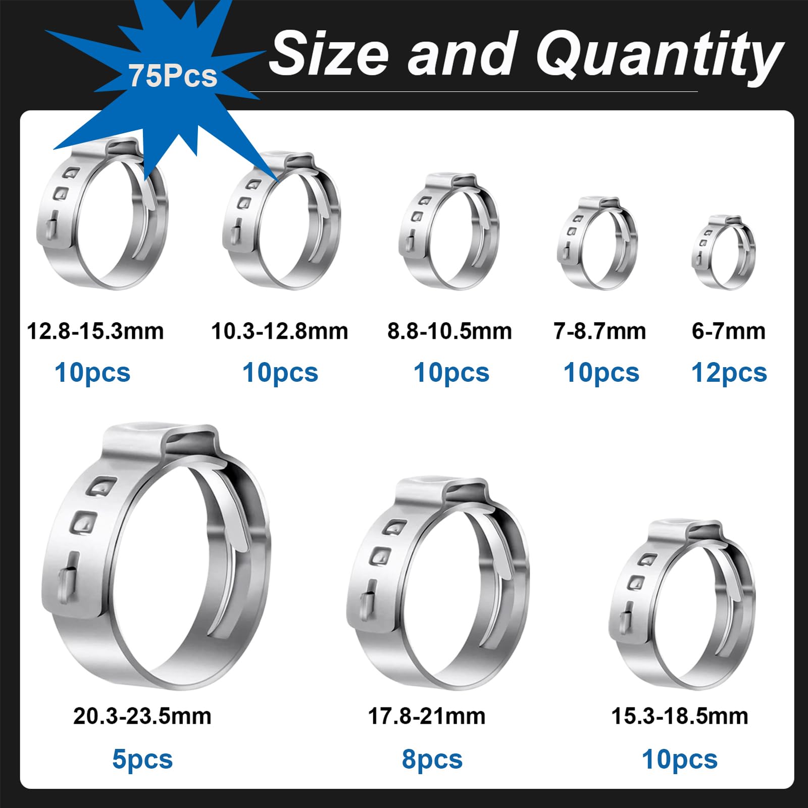 75Pcs 8 Sizes 304 Stainless Steel Single Ear Hose Clamps Assortment Kit (6-23.5mm) - Heavy Duty Crimp Clamps for Automotive, Plumbing, Fuel Lines & Home Appliances - Perfect for Car Repair, Water Pipe Connections & DIY Projects