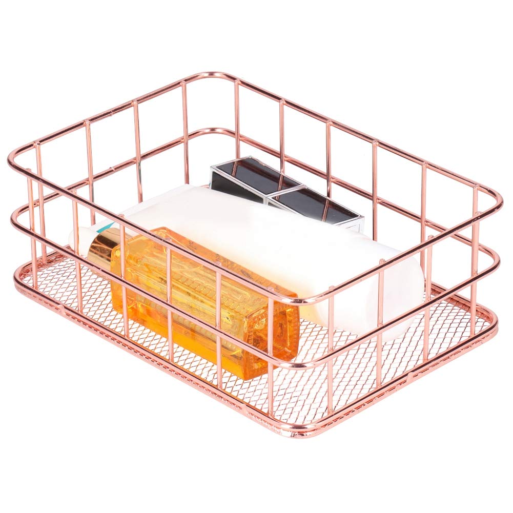 Evonecy 2-Pack Rose Gold Iron Storage Baskets - Desk Shelf Organizer with Grid Design for Bathroom, Home & Office - Perfect for Makeup Brushes, Office Supplies & Bathroom Essentials
