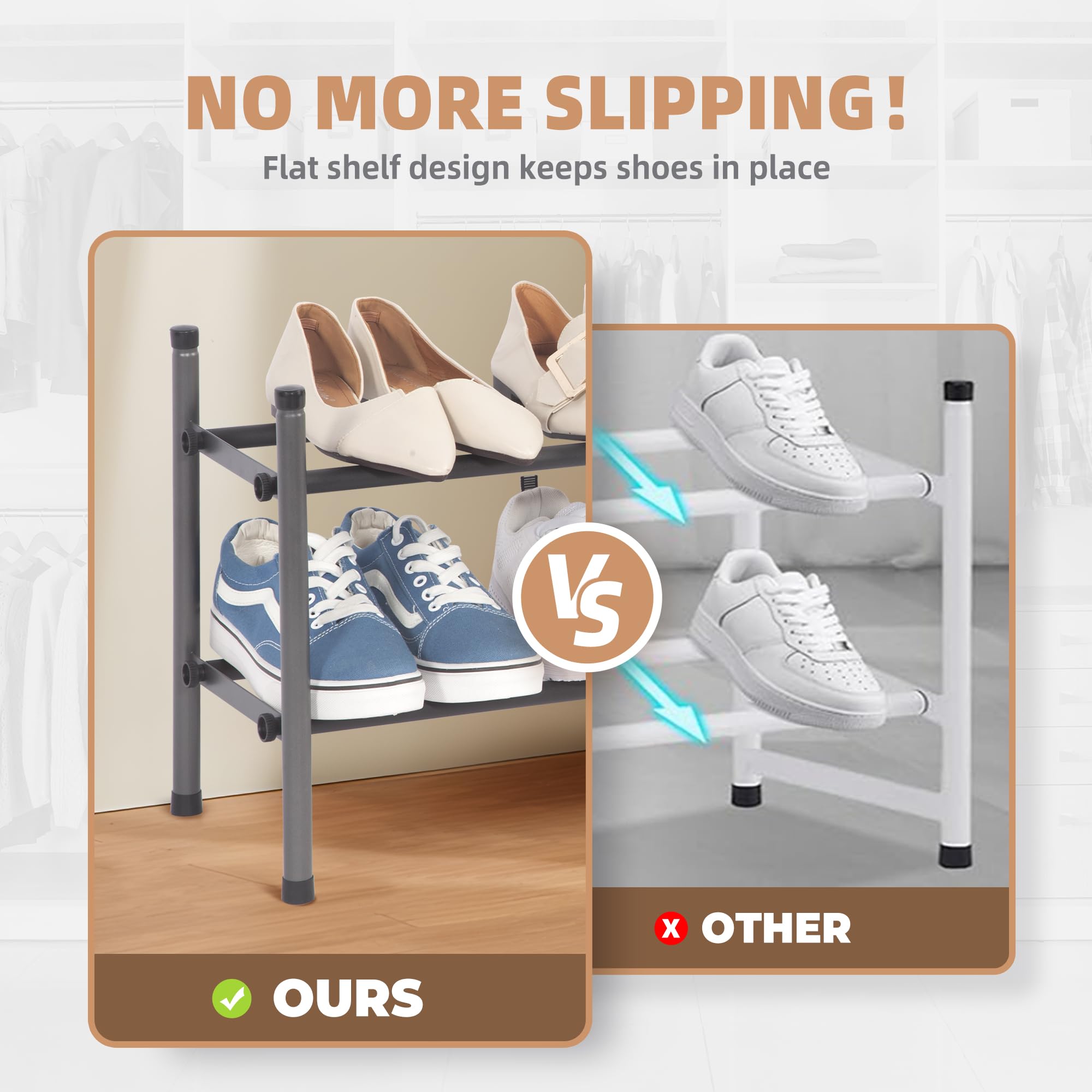 Expandable Shoe Rack Organizer - Stackable 2-Tier Metal Storage for Closet & Entryway