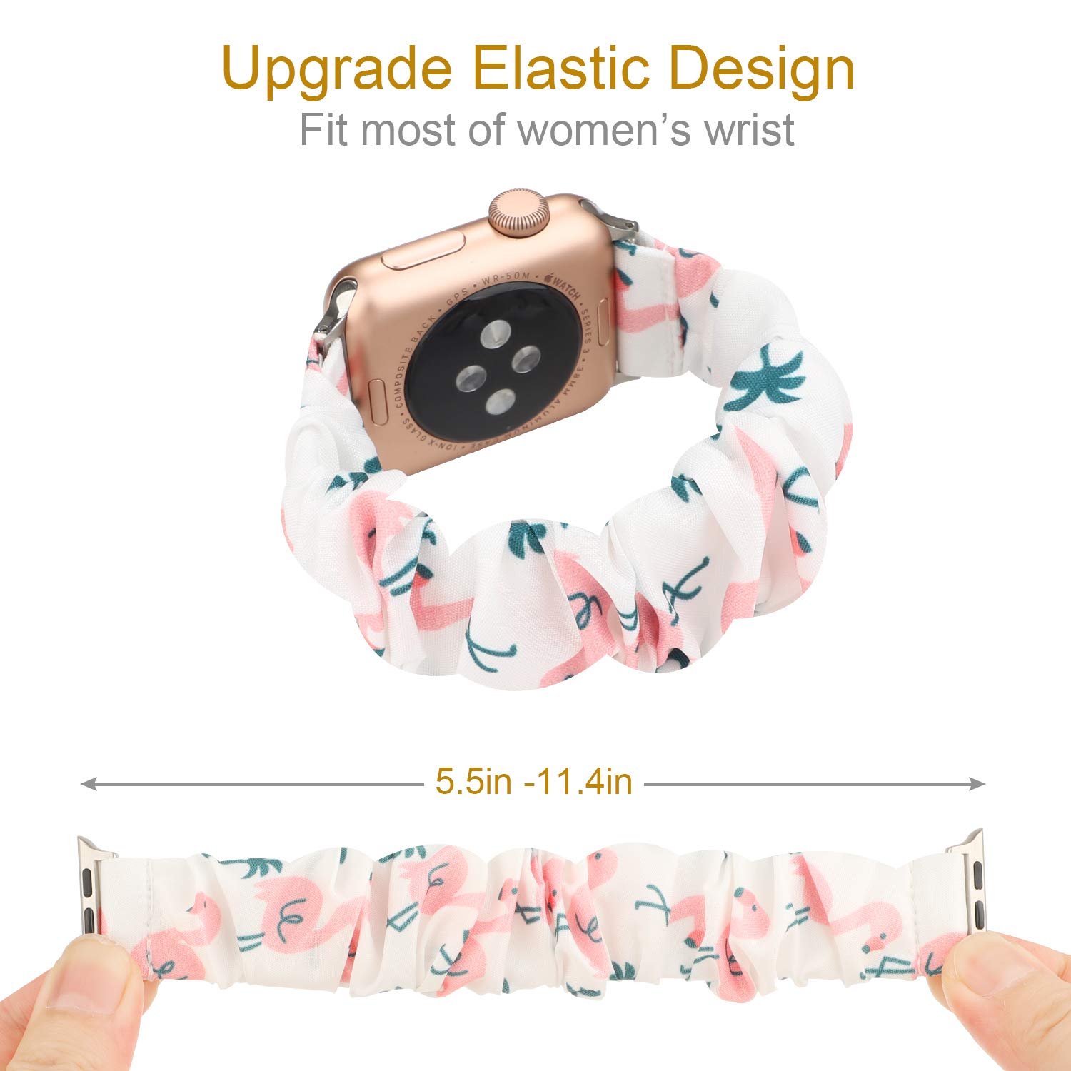Women's Printed Scrunchie Apple Watch Bands 42mm 44mm 45mm - Floral Pattern Replacement Wristbands Compatible with iWatch Series SE 7 6 5 4 3 2 1 (Flaminggo Design) - Perfect for Workouts, Yoga & Everyday Fashion Accessory