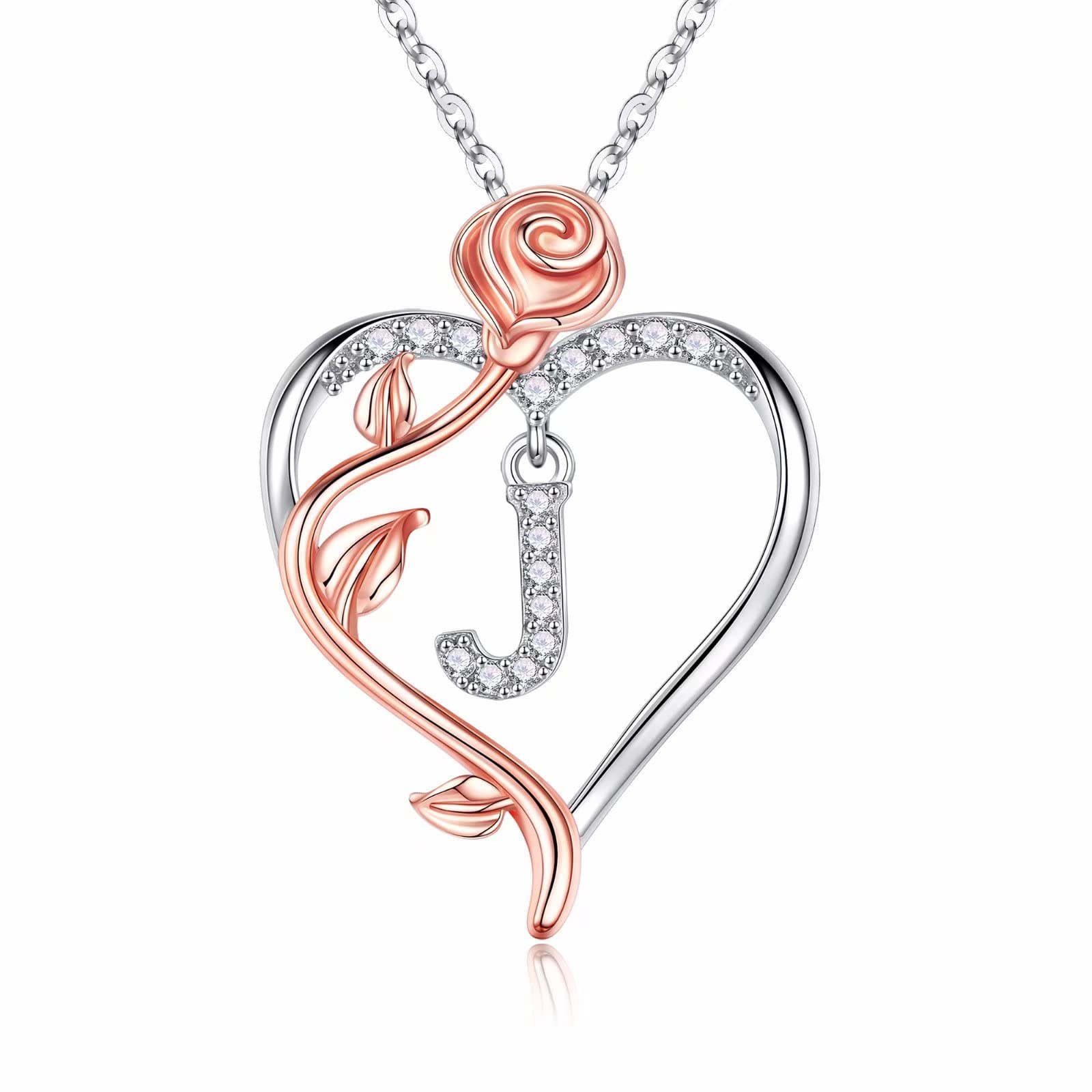 925 Sterling Silver Rose Heart Initial Necklace for Women - Personalized Anniversary & Birthday Gift for Wife, Girlfriend, Mom | Romantic Jewelry for Valentine's Day, Wedding, Mother's Day