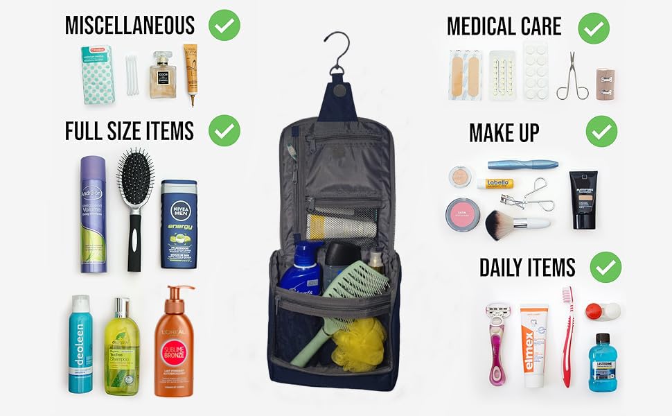 Hanging Travel Toiletry Bag Organizer - Waterproof Cosmetic & Makeup Vanity Pouch for Shampoo, Soap, Loofah & Travel Essentials | Portable Dopp Kit for Women & Men | Perfect for Beach, Gym, Camping & Business Trips (Sailor Blue)
