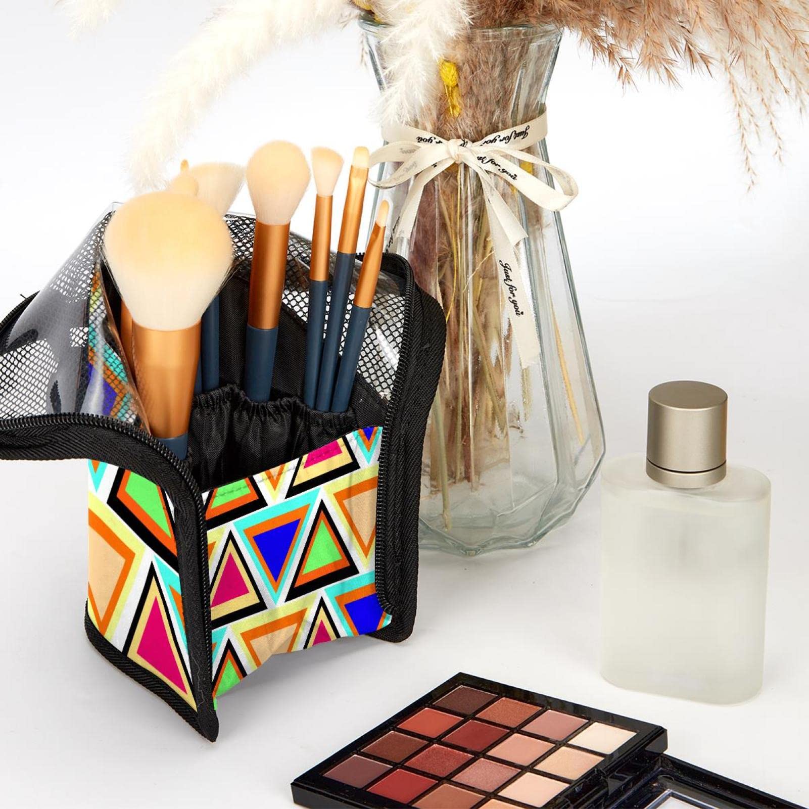 12-Piece Makeup Brush Organizer Bag with Geometric Triangle Retro Design - Portable Travel Cosmetic Brush Holder Case for Professional & Home Use