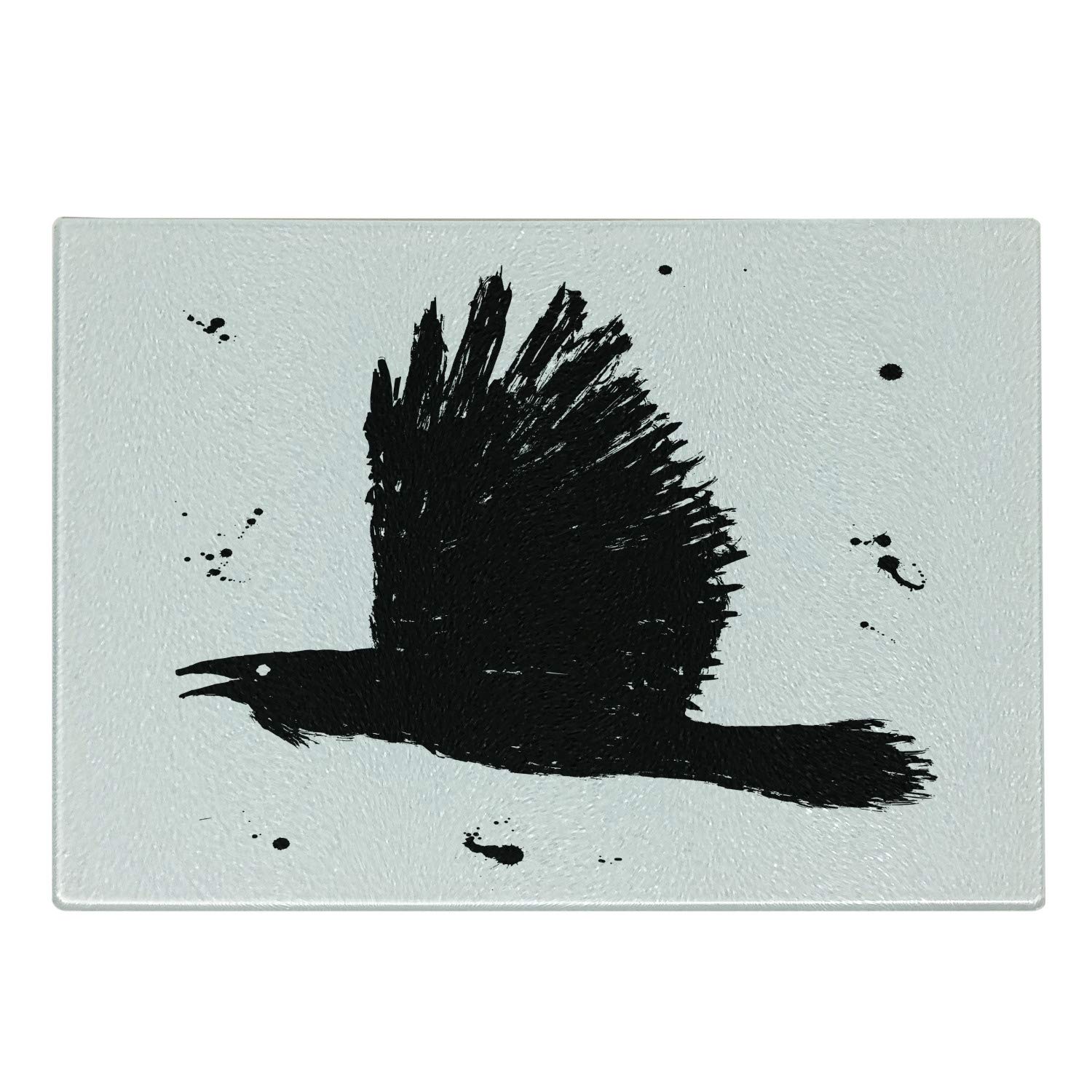 Ambesonne Gothic Black Crow Cutting Board - Hand Drawn Flying Bird Ink Sketch with Paint Drops - Tempered Glass Serving Board for Kitchen & Dining - Small Size Charcoal Grey & White - Perfect for Gothic Decor, Halloween Parties & Dark Aesthetic Home Decor