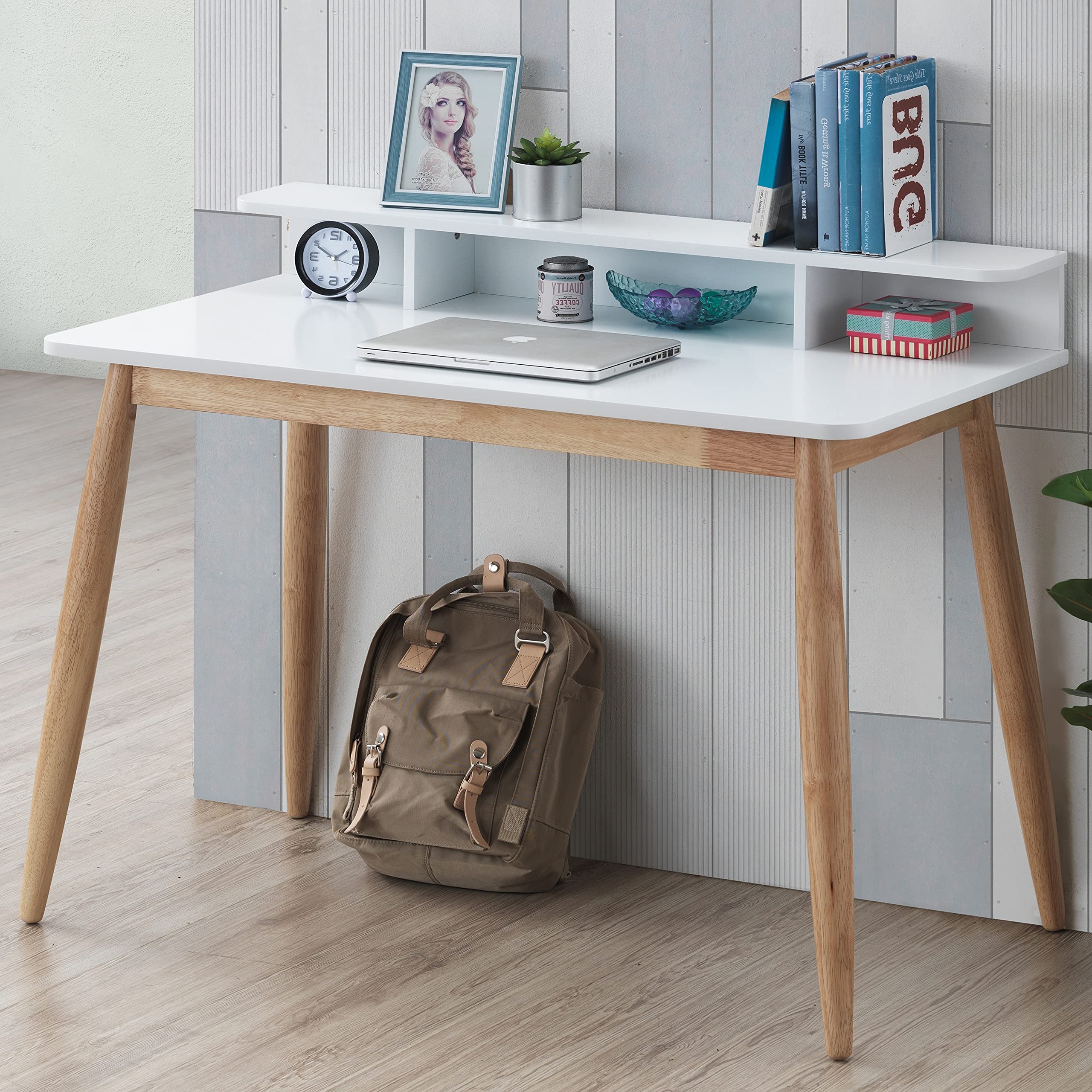Haugen Modern White Wooden Writing Desk with Hutch - Home Office Furniture for Study, Work & Small Spaces