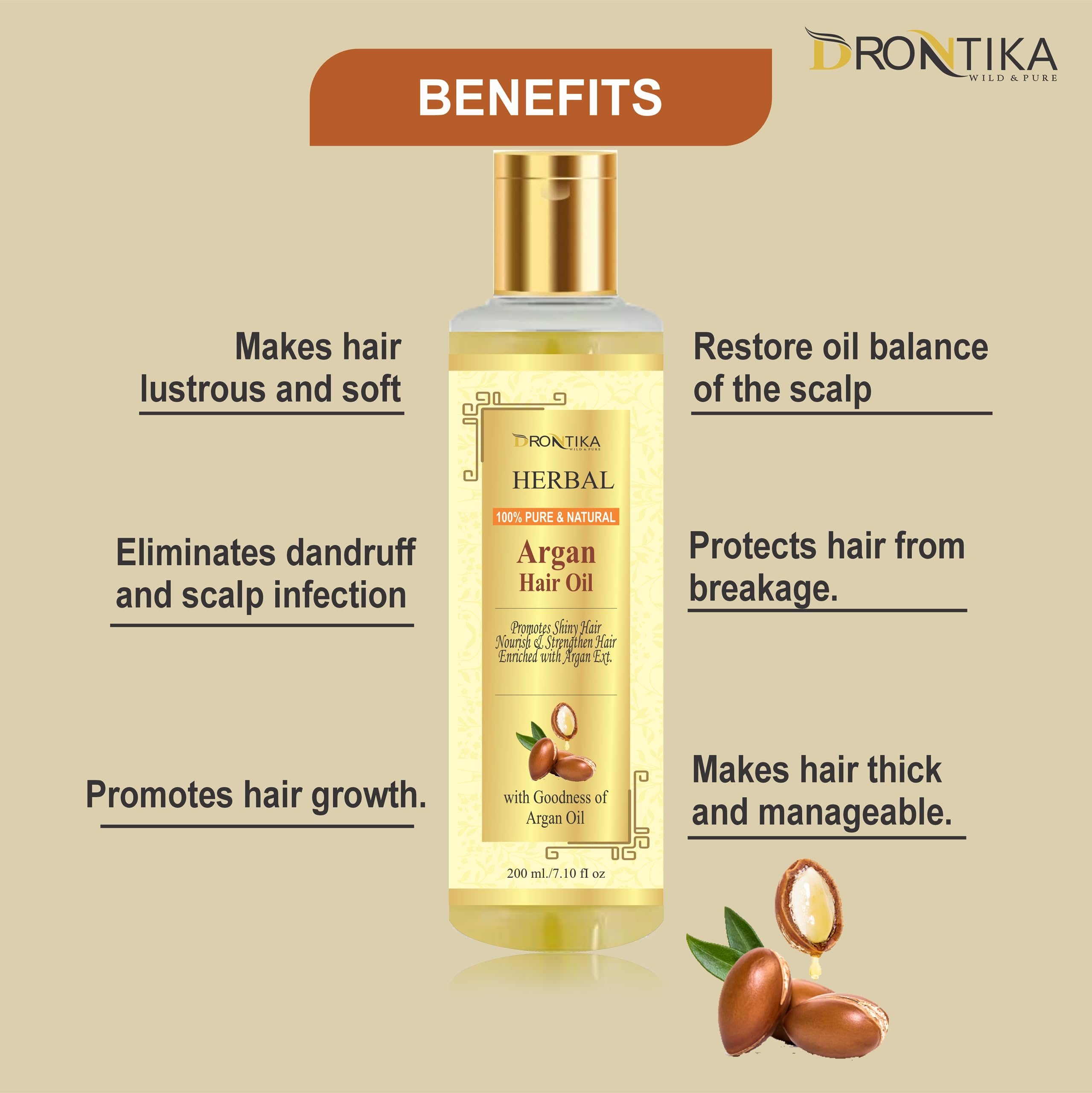 **Drontika 100% Pure Organic Cold Pressed Argan Oil for Hair - 2 Pack (420ml) - No Mineral Oil & Silicones - Natural Shine & Nourishment - Perfect for Dry, Damaged Hair & Scalp Care**    *(Use for daily hair hydration, frizz control, split end repair, and scalp massage for healthy hair growth)*