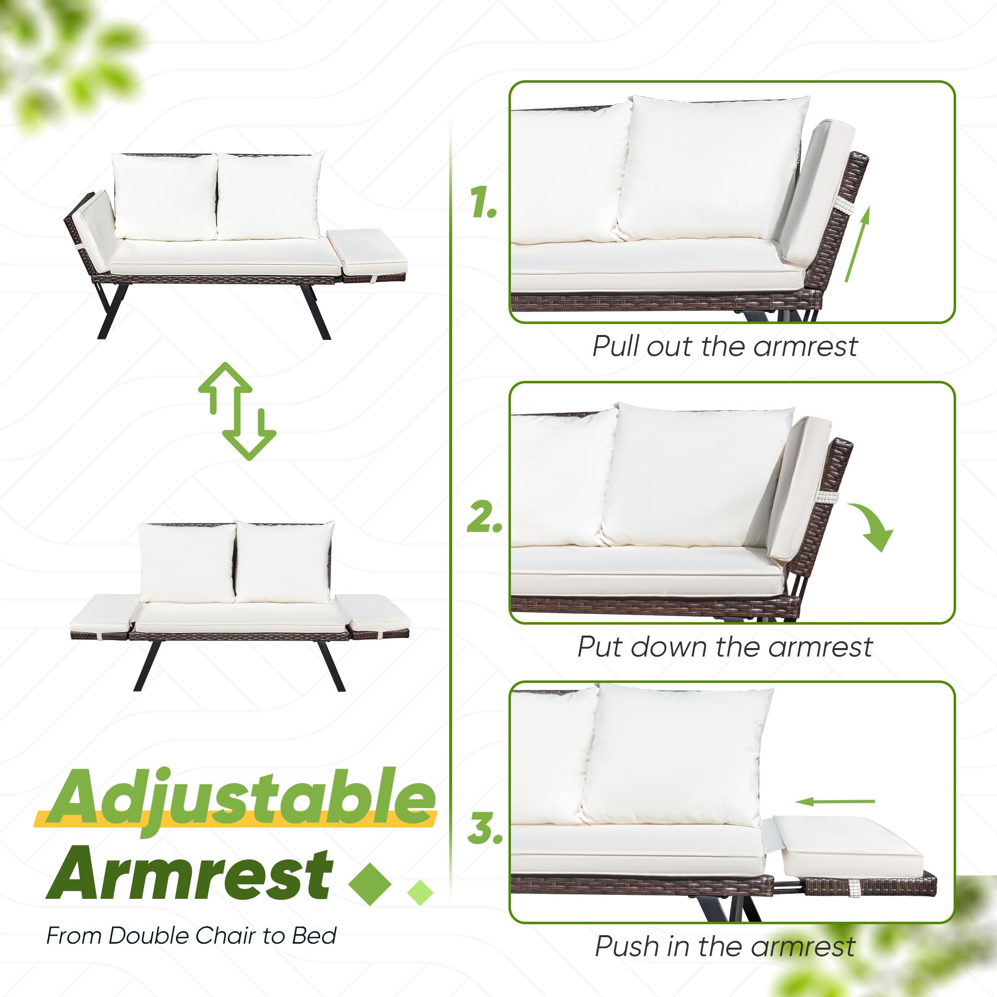 **Greesum Outdoor Sofa Set - Woven Rattan Patio Furniture with Convertible Daybed & Adjustable Armrests - Includes Cushions & Beige Pillowcases - Perfect for Yard, Porch, Poolside & Garden Lounging**