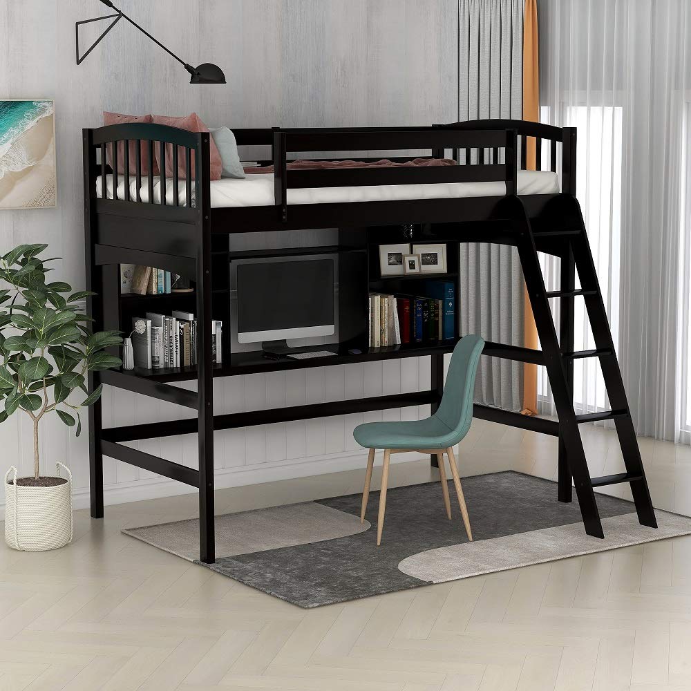 Rhomtree Twin Wood Loft Bed with Desk, Shelves & Ladder - Space Saving Storage Bed Frame for Teens, Boys & Girls - Perfect for Small Bedrooms, Dorms & Apartments (Dark Espresso)