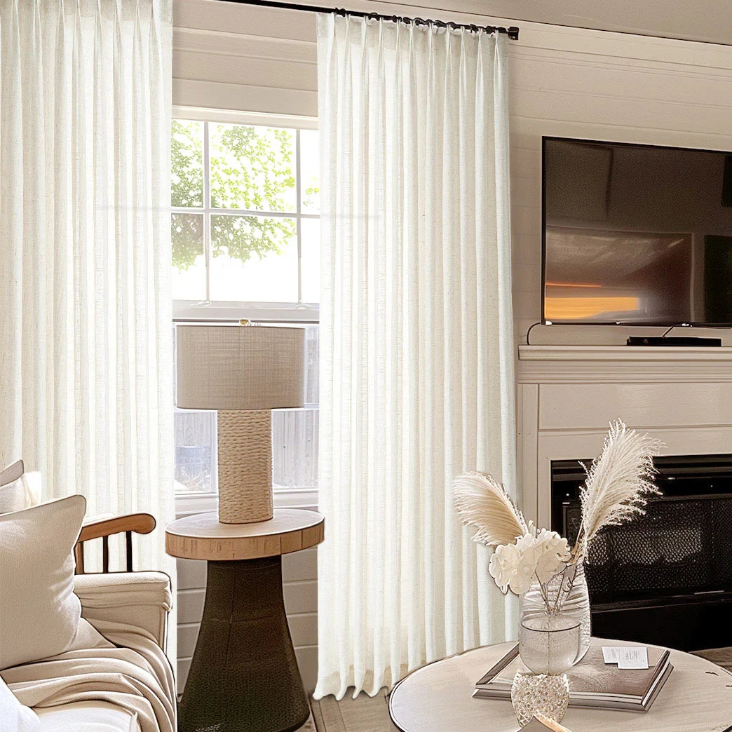 Luxury Semi-Sheer Linen Curtains - Custom Off-White Pleated Drapes for Living Room & Bedroom | Elegant Window Treatments for Home Decor