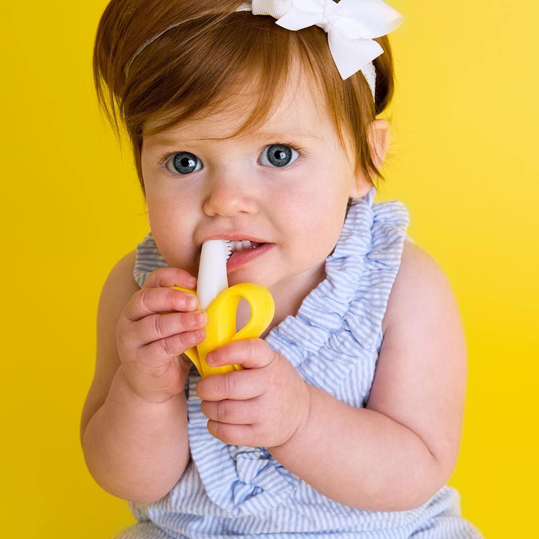 Syga Baby Banana Training Toothbrush and Teether - Soft Silicone Infant Toothbrush for Teething Babies (Yellow) | Perfect for Soothing Sore Gums & Early Dental Care