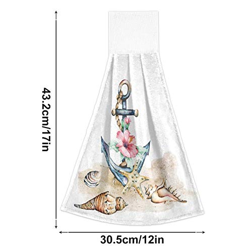 Nautical Anchor & Seashells Absorbent Kitchen Hand Towels - 2 Pack Hanging Towels with Loops for Bathroom, Kitchen & Home Decor | Perfect for Beach House, Coastal Theme & Summer Decor