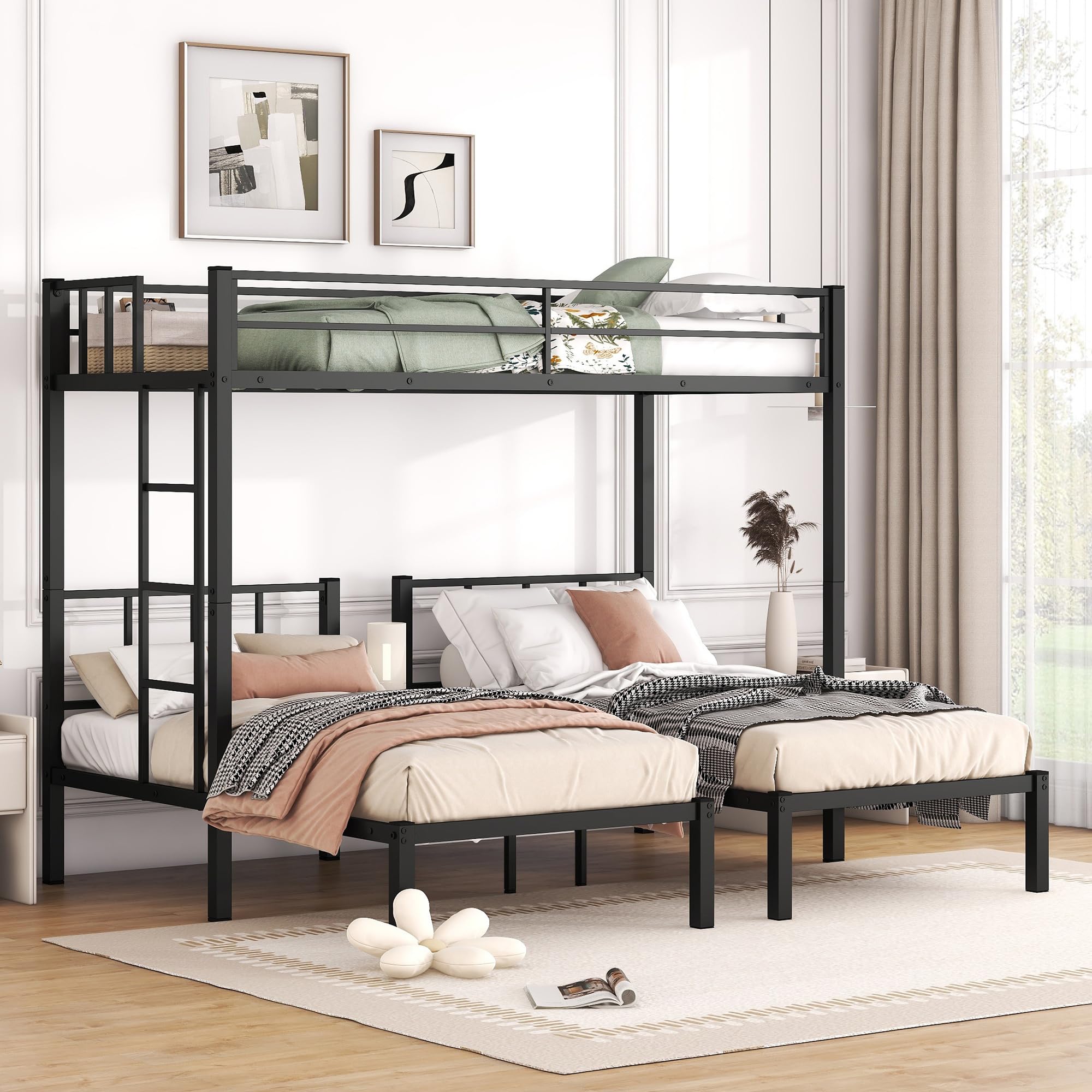 EMKK Heavy Duty Metal Triple Bunk Bed for 3 Kids - Twin Over Twin Over Twin with Built-in Storage Shelf, Converts to 3 Separate Twin Beds - Sturdy Black Metal Bunk Bed Frame for Kids' Room, Dormitory or Vacation Home