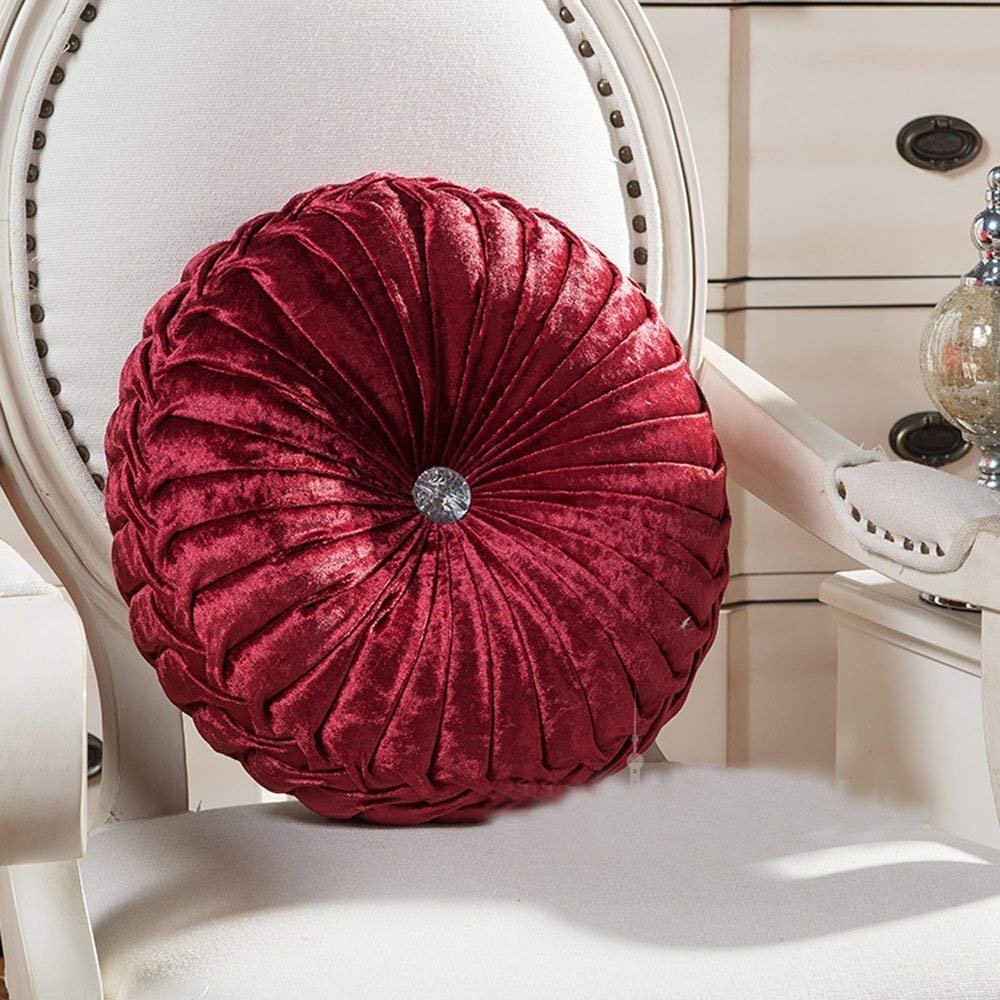 Zituop 13.8-inch Round Velvet Throw Pillows - Pleated Decorative Cushion for Couch, Bed, Sofa & Bedroom - Pumpkin Shape Home Decor in Wine Red - Perfect for Living Room Accent, Cozy Reading Nook & Seasonal Decor