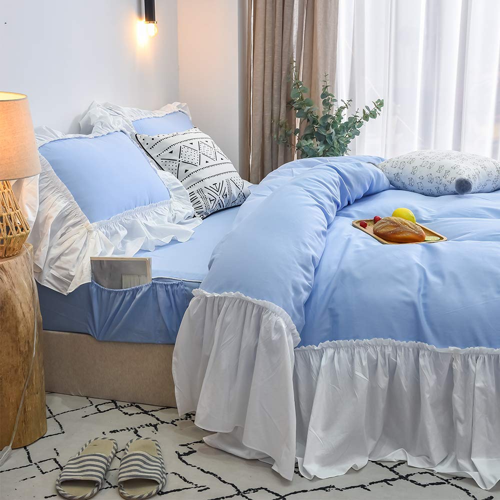 Premium 100% Cotton 600 TC Smart Sheet with Side Pocket & Duvet Cover Set - 4 Piece Light Blue Ruffled Bedding Set for Queen Size Bed | Romantic Princess Style | Perfect for Guest Rooms, Master Bedrooms & Cozy Home Decor