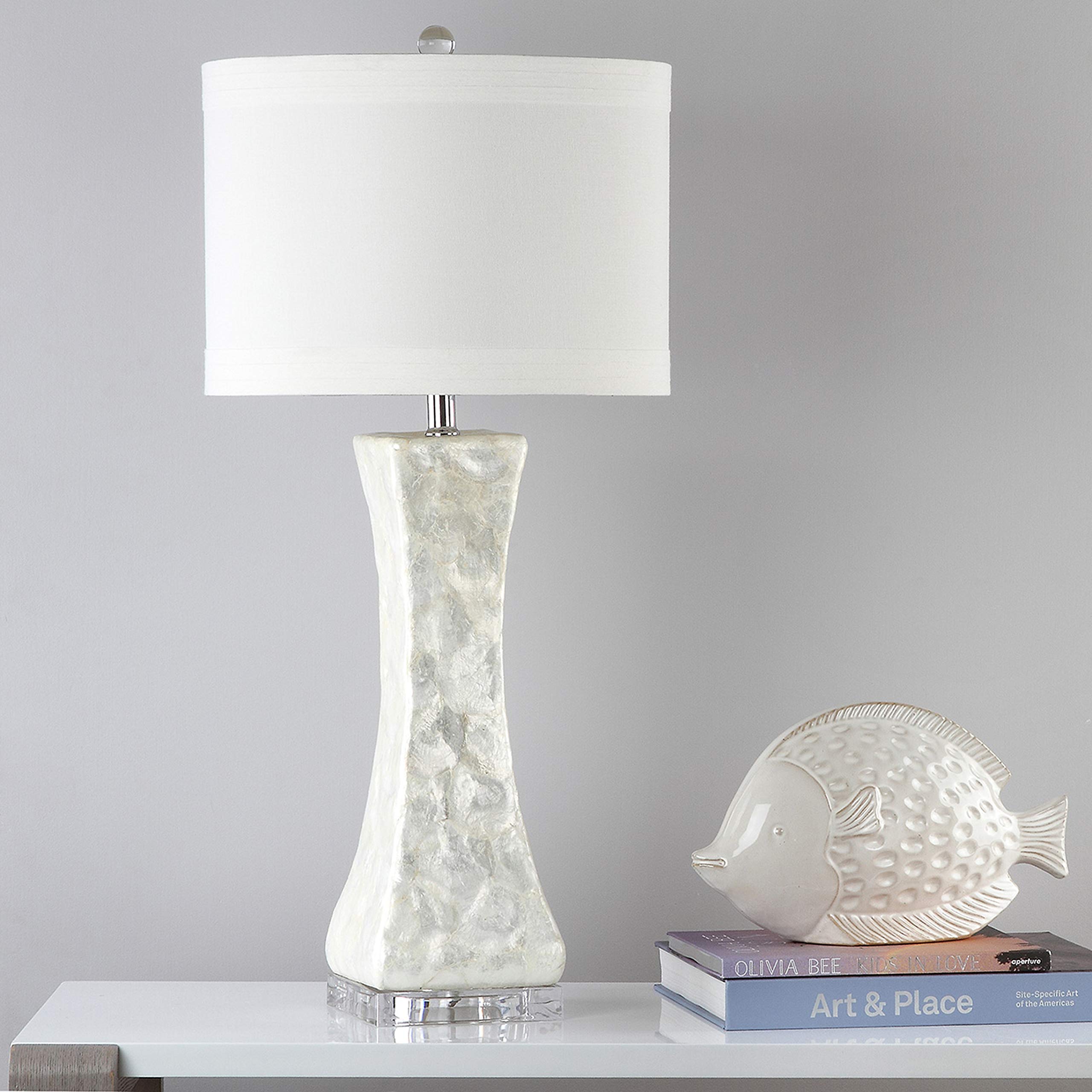 SAFAVIEH Shelley 31-inch Coastal White Capiz Shell Table Lamp with LED Bulbs - Concave Design for Bedroom, Living Room, Home Office & Nightstand | Coastal Decor, Reading Light, Accent Lighting