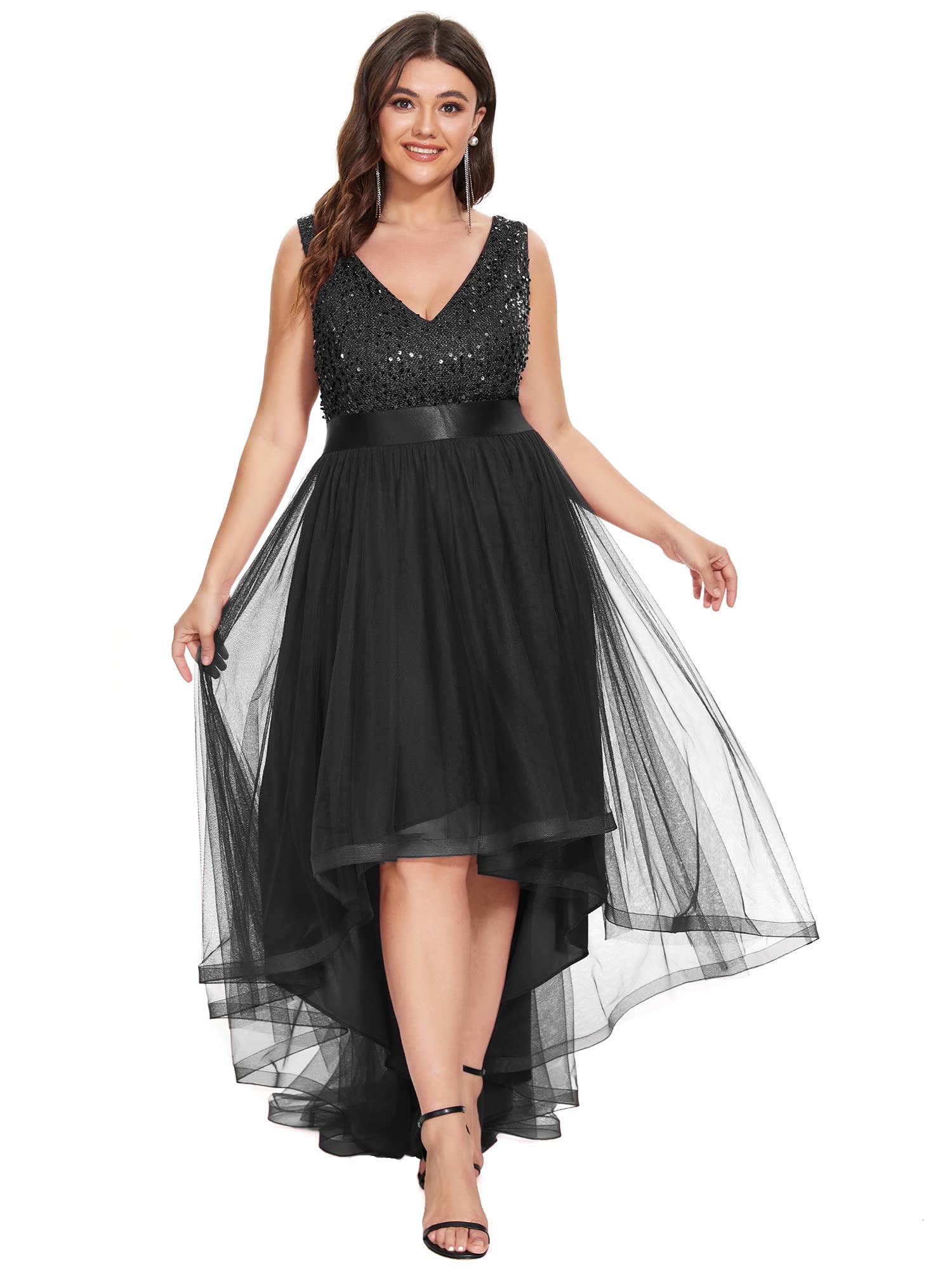 Ever-Pretty Women's Plus Size Double V-Neck A-Line High-Low Sequin Tulle Formal Dress for Curvy Women 0147A-DA | Elegant Evening Gown for Prom, Wedding Guest, Cocktail Party & Special Occasions