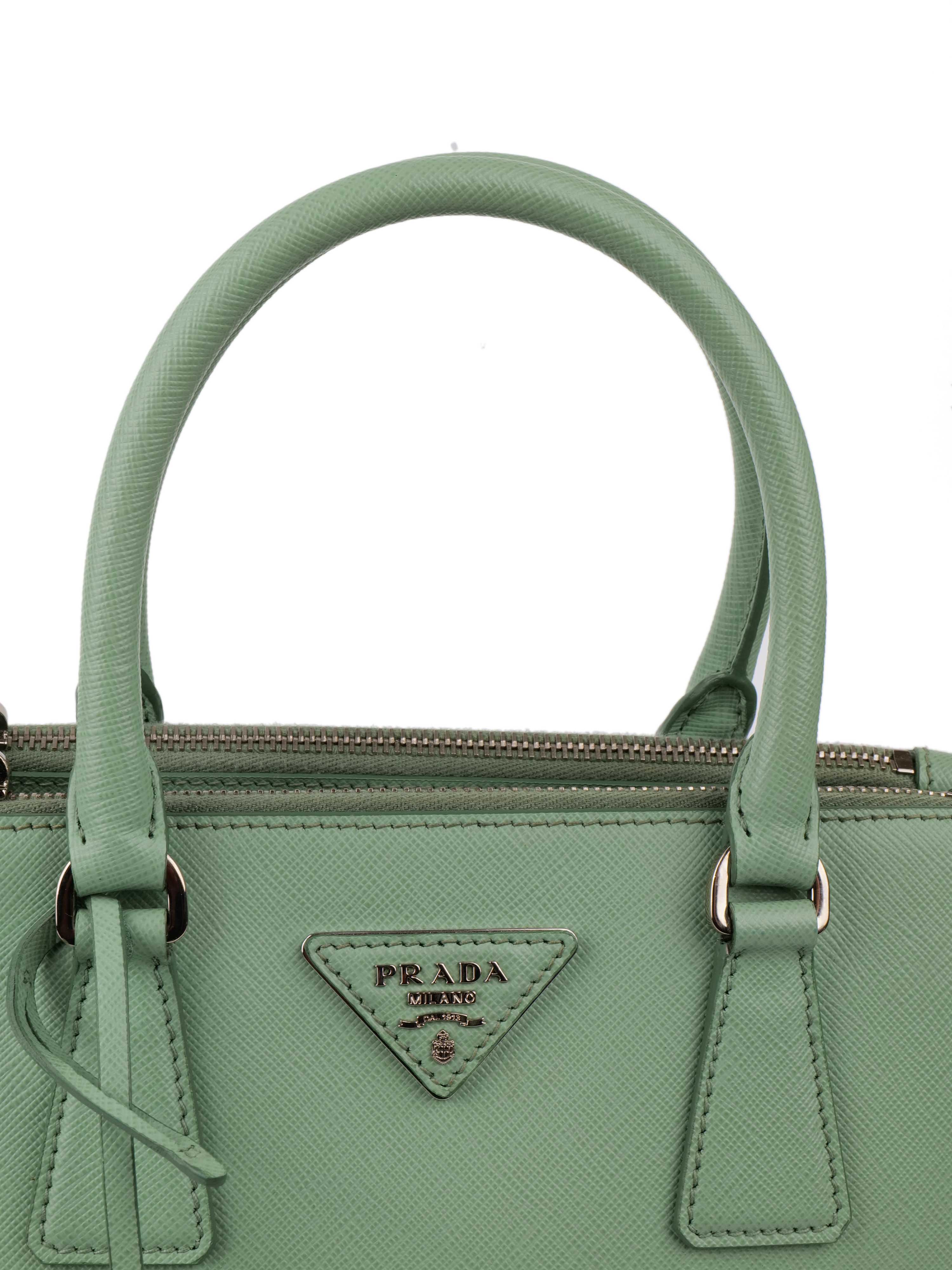 Prada Mint Green Saffiano Leather Double Zipper Small Tote Bag for Women | Luxury Designer Handbag for Work, Travel & Everyday Use