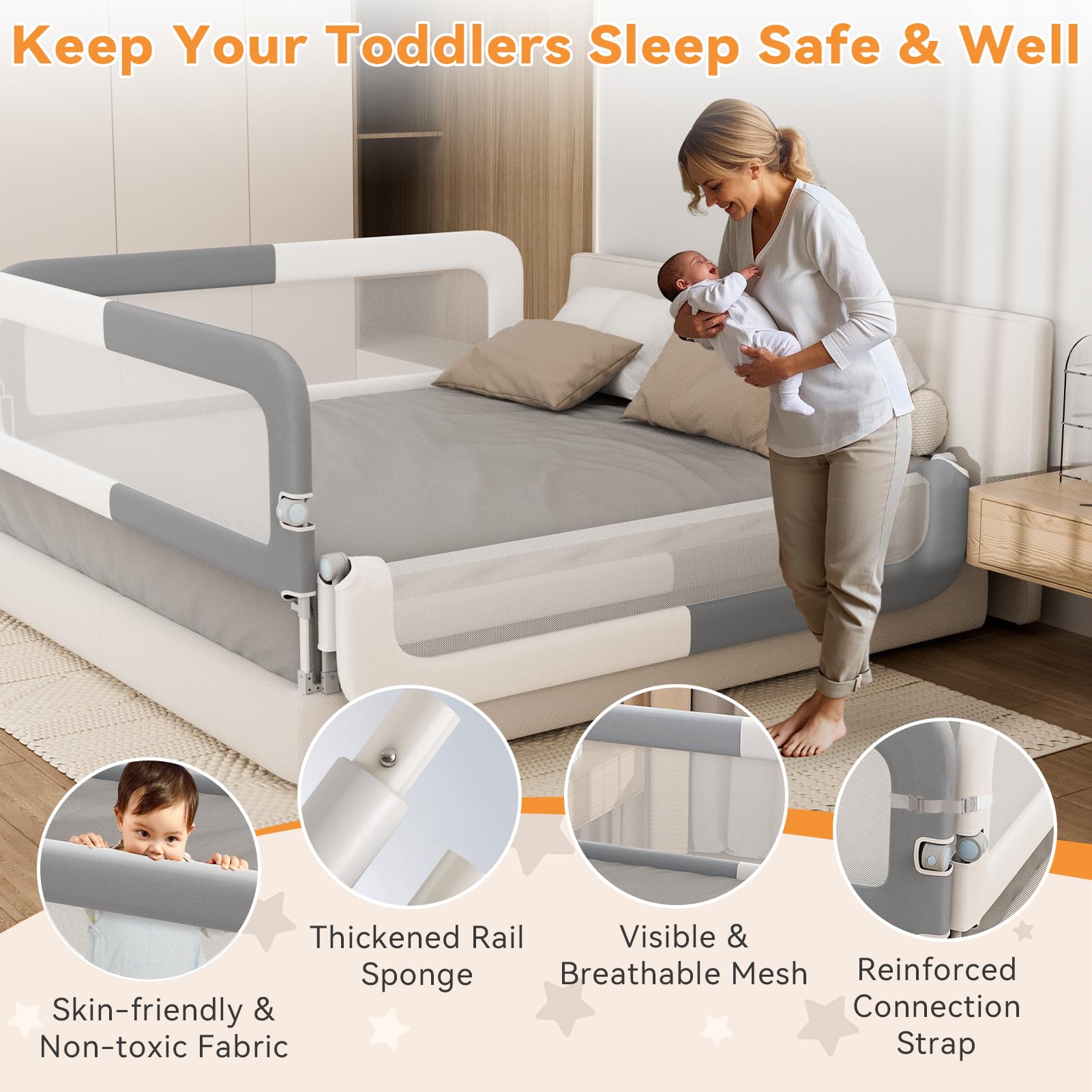 Toddler Bed Rail with U-Shaped Base - Safety Guardrail for Kids, Foldable & Sturdy Bedside Protection (78.74