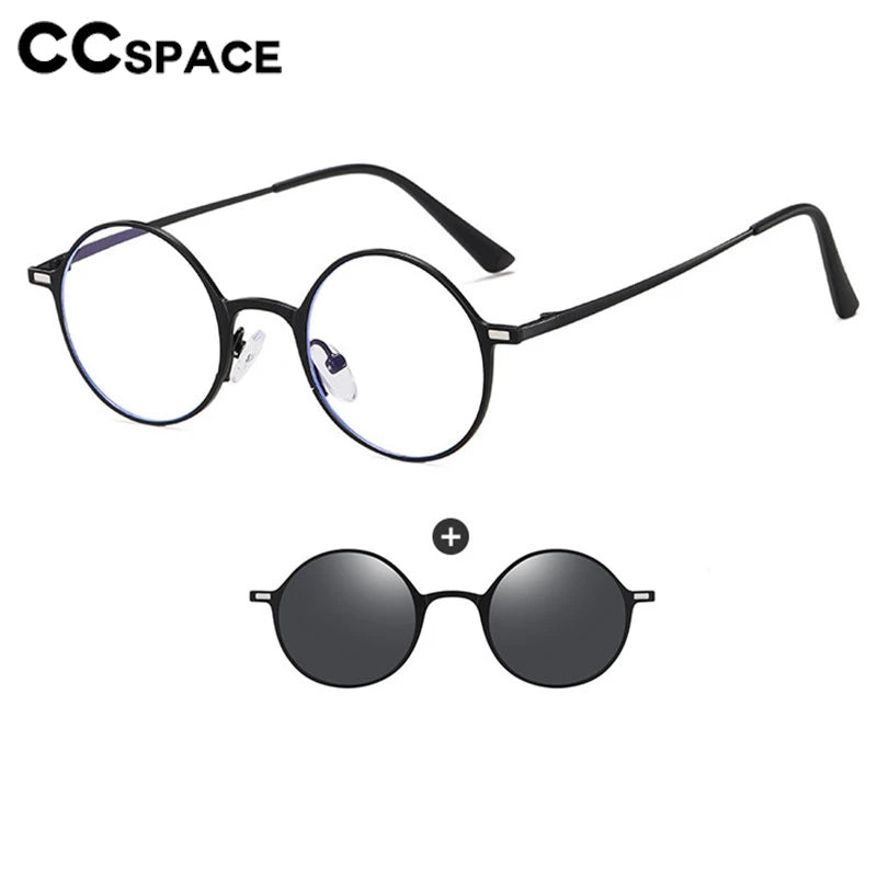 CCspace Women's Full Rim Round Alloy Eyeglasses with Clip-On Sunglasses - Stylish & Lightweight Frame for Reading, Driving, and Outdoor Activities (Model 302147)