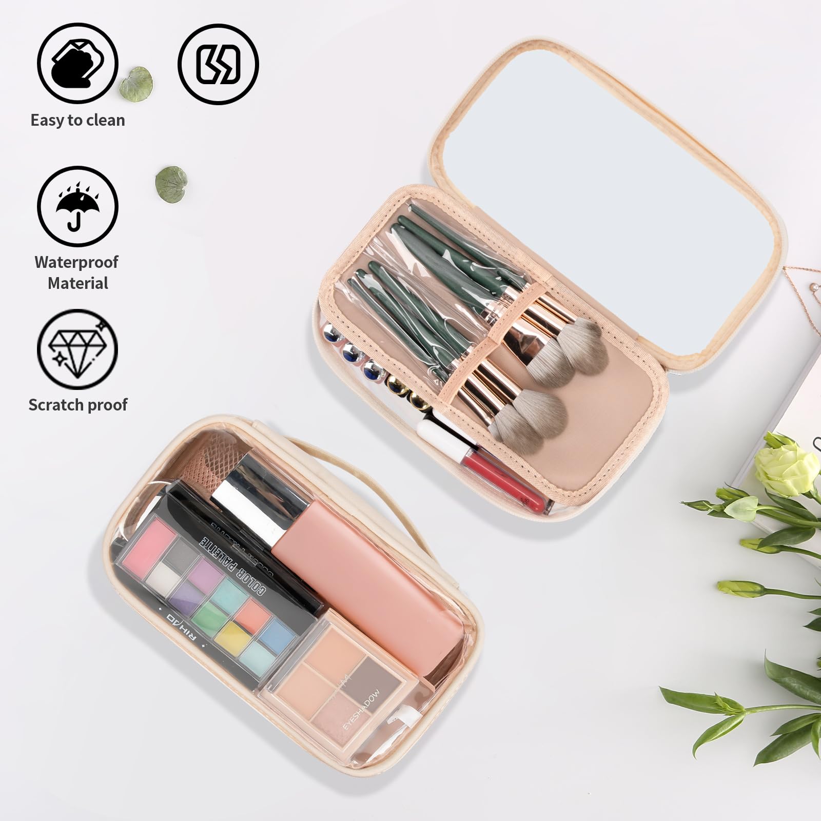 OCHEAL Clear Makeup Bag for Women - Waterproof Travel Cosmetic Organizer with Brush Compartment & Divider - Portable Cute Transparent Pouch for Makeup Storage | Perfect for Travel, Gym, Daily Use & Gift Giving
