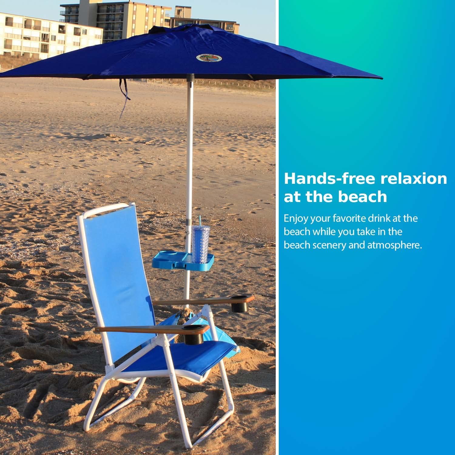 Portable Beach Umbrella Tray Table with 4 Cup Holders - Clip-On Outdoor Side Table for Pool, Patio & Vacation - Perfect for Drinks, Snacks & Sun Protection by the Water