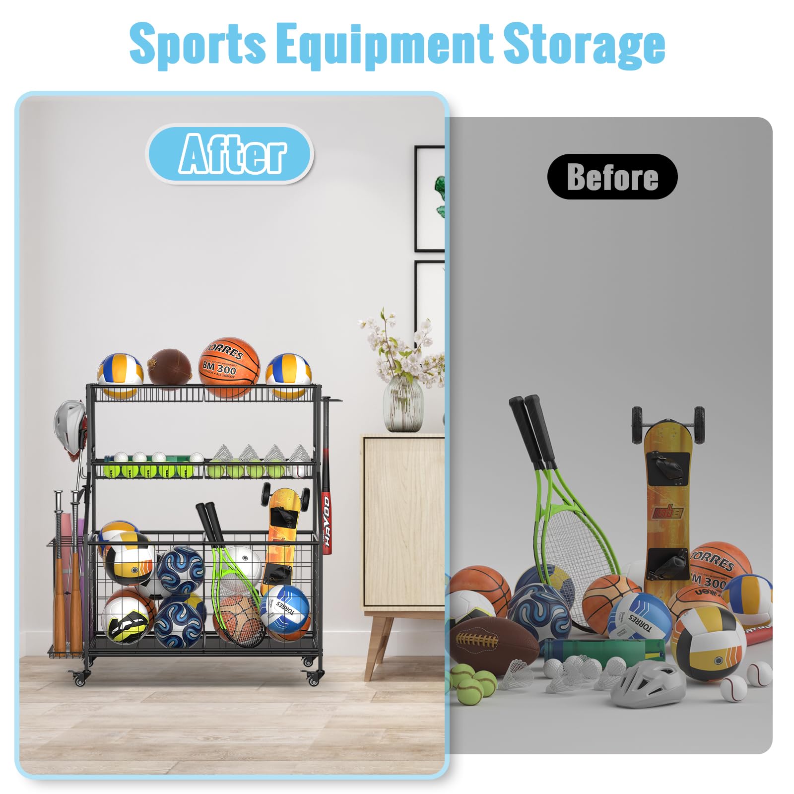 WUC Sports Equipment Organizer - Heavy Duty Garage Ball Storage Rack with Basket, Hooks & Rolling Wheels for Basketball, Soccer, Baseball Gear - Perfect for Home, Gym & Playroom Organization (Black)
