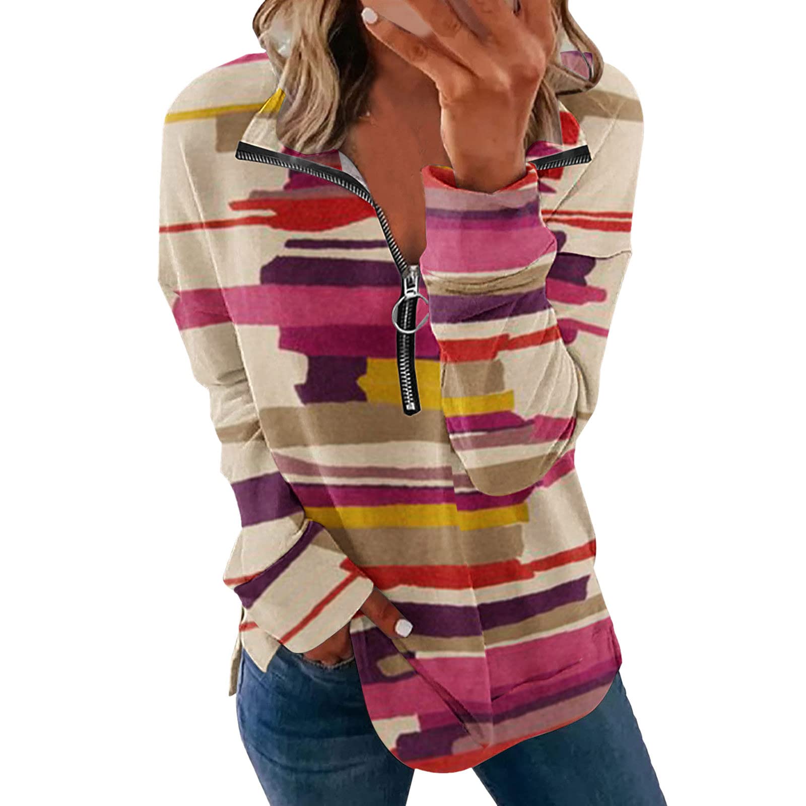 Women's Cold Shoulder Tops - Fashion Print Lapel Half Zipper Loose Sweatshirt Pullover for Casual Wear | Perfect for Date Night, Office Outfits & Weekend Street Style