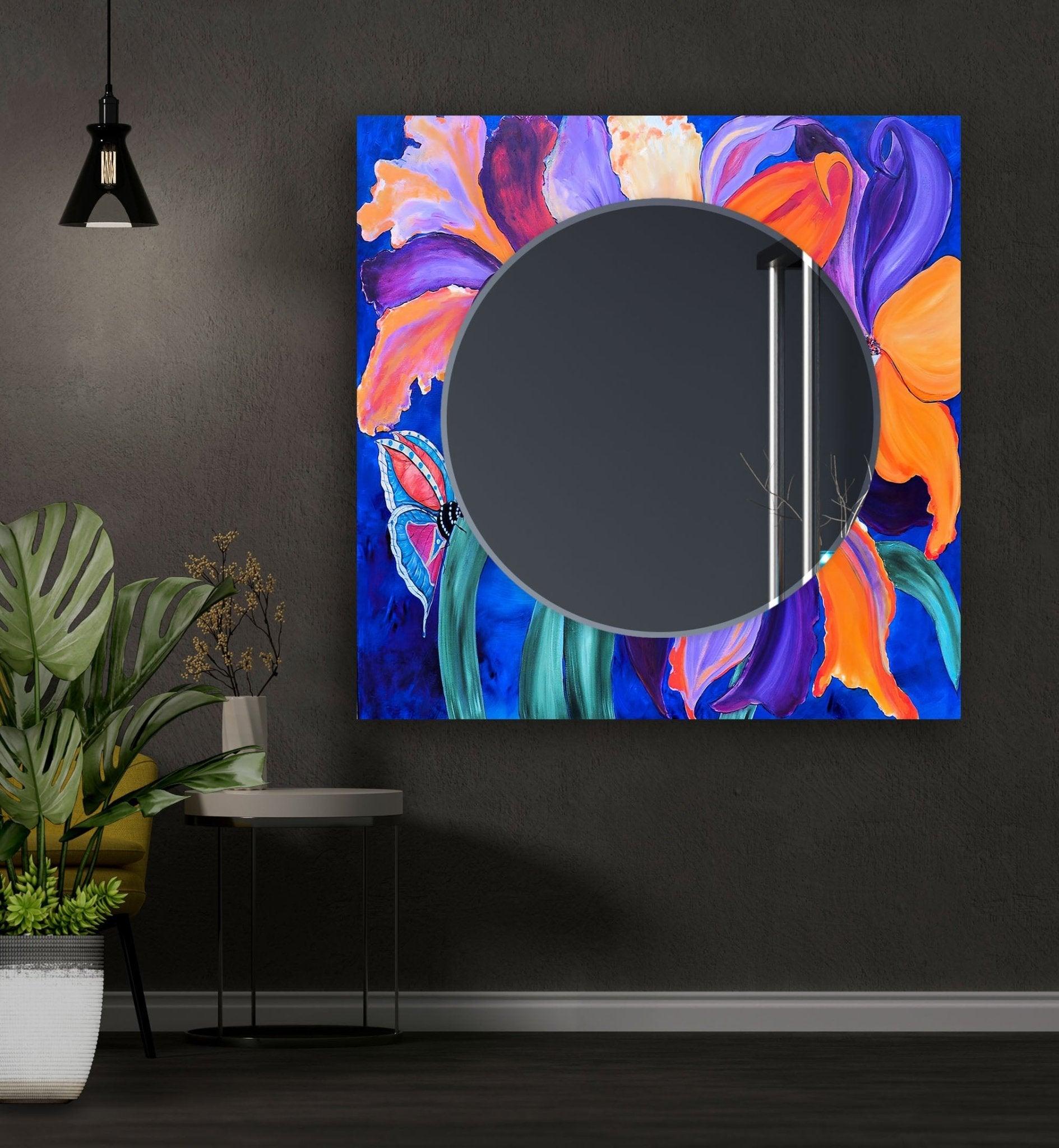 Abstract Purple Flower Painting Wall Mirror - Elegant Home Decor for Living Room, Bedroom & Bathroom | Perfect for Modern & Bohemian Interior Design