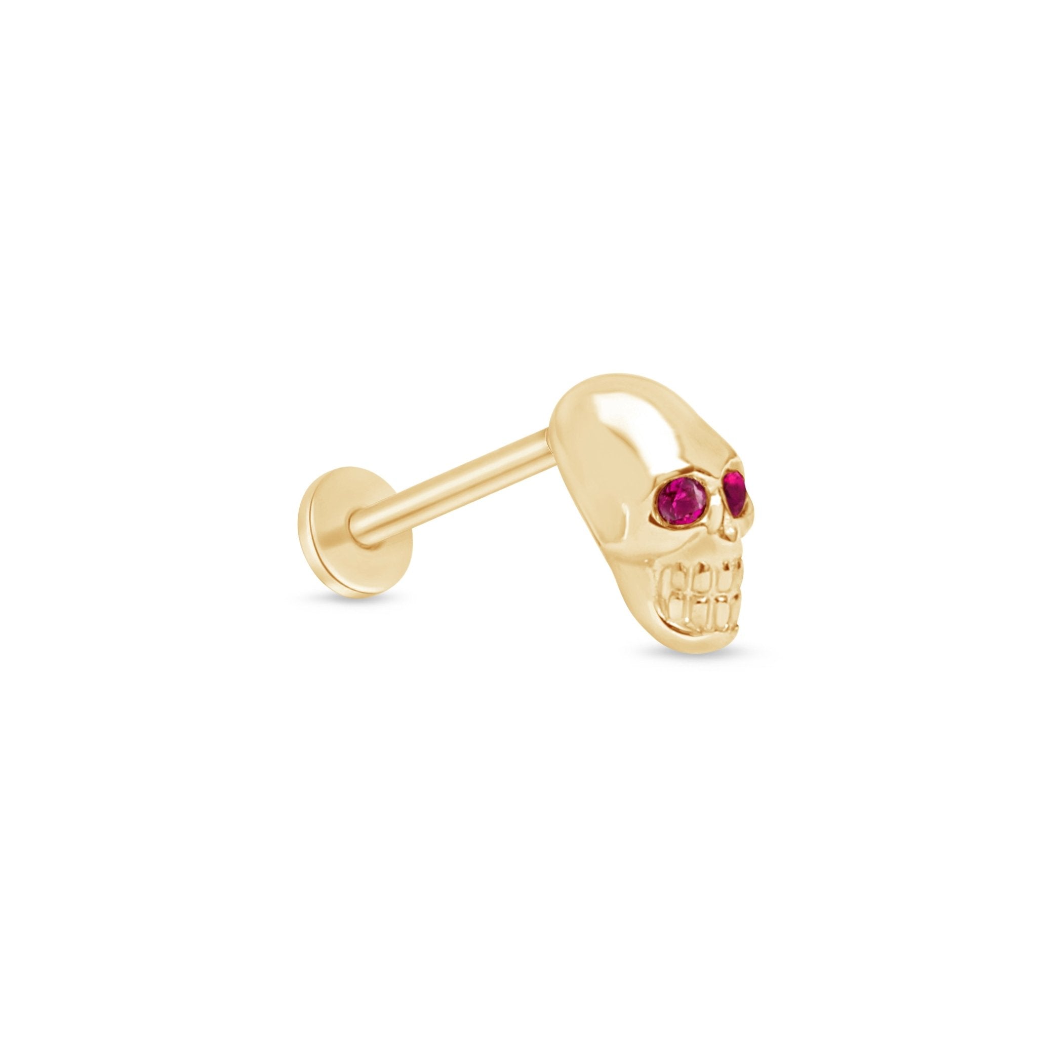 14K Solid Yellow Gold Ruby Eye Skull Flat Back Stud Earrings for Men & Women - Gothic Punk Jewelry for Halloween, Costume Parties & Alternative Fashion
