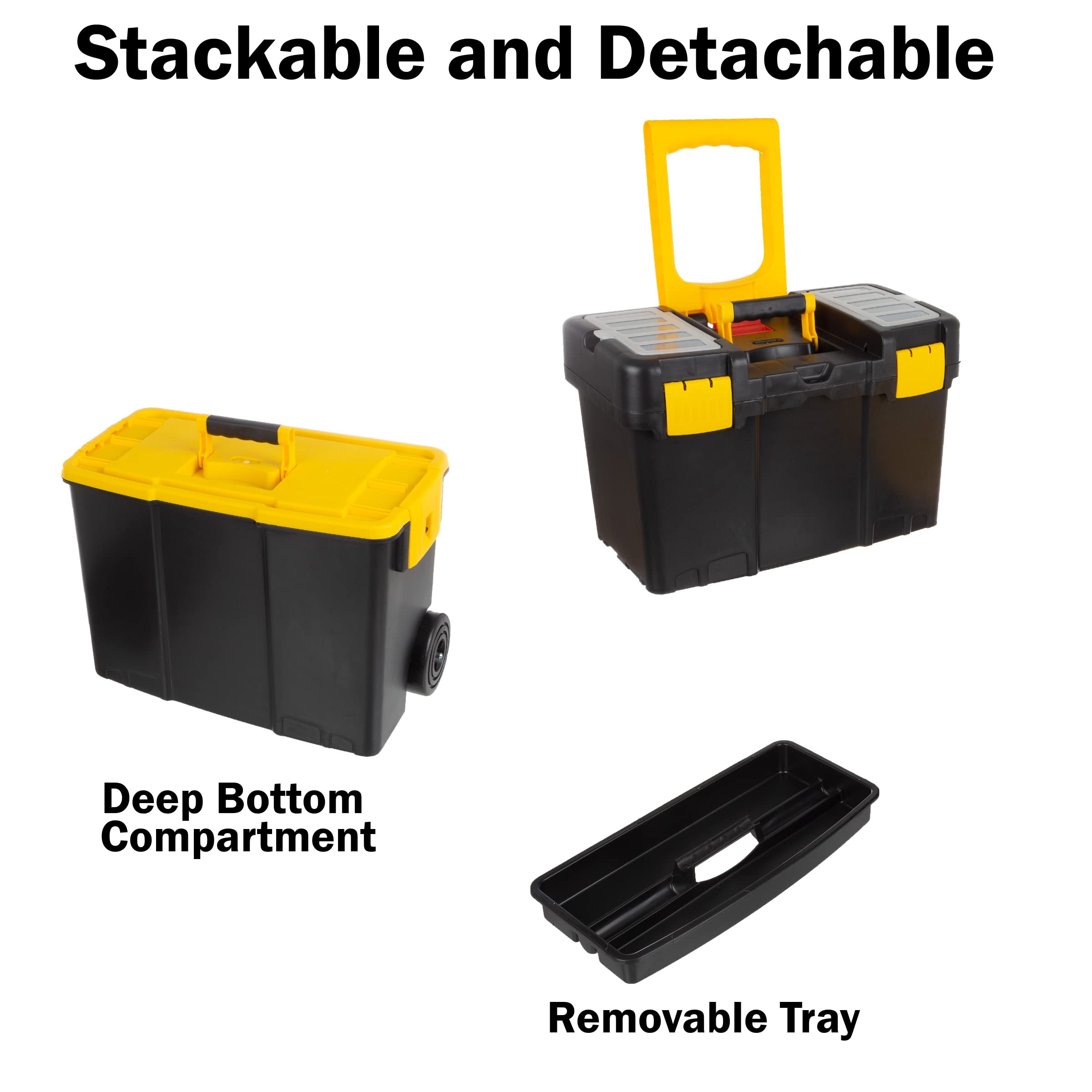 Stalwart 2-in-1 Portable Tool Box with Wheels - Stackable Tool Chest with Fold-Down Comfort Handles, Heavy-Duty Latches & Removable Storage Trays (Black/Yellow) - Perfect for Home Garage, Workshop & Job Site Organization