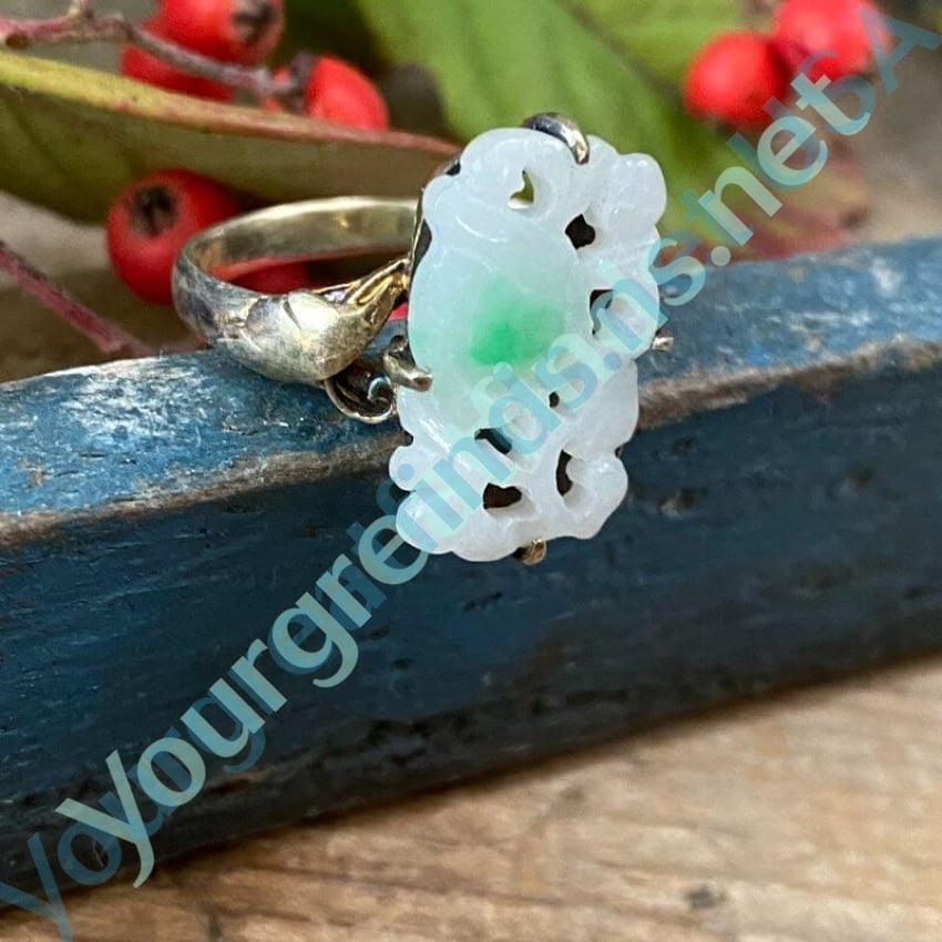 Vintage Carved Moss in Snow Jade Ring - Sterling Silver Adjustable Size for Women - Perfect for Weddings, Parties & Everyday Elegance