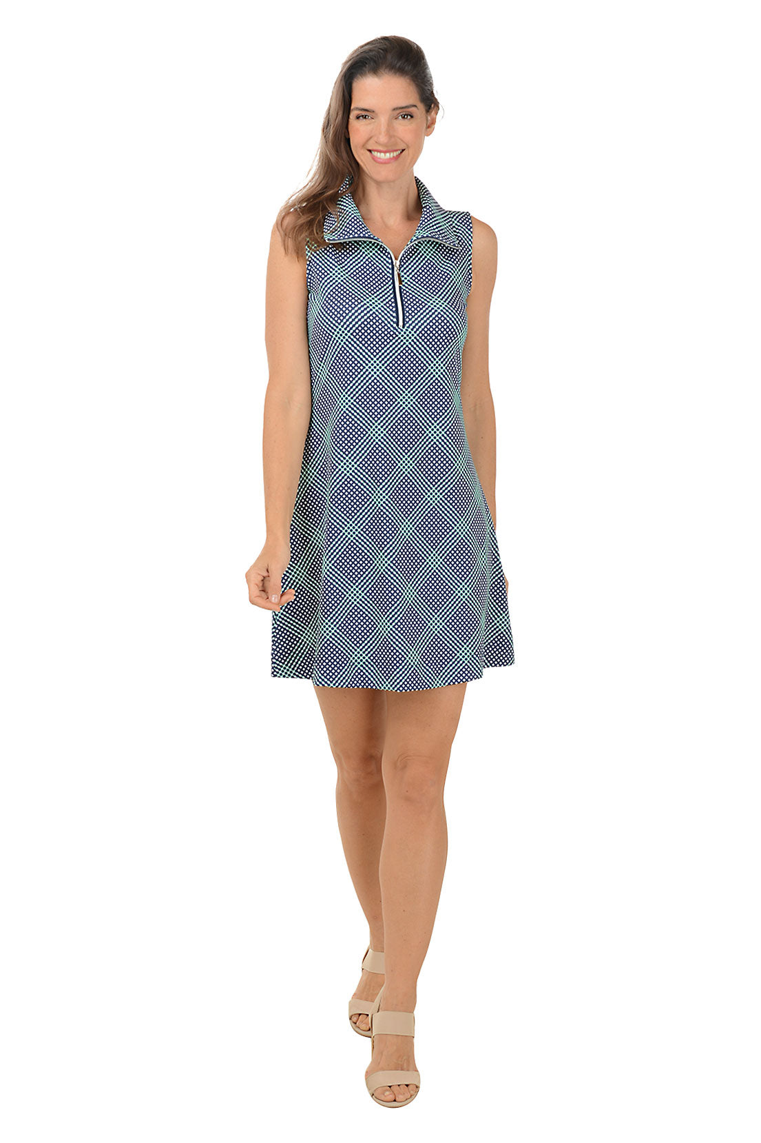 Navy Gingham UPF50+ Sleeveless Summer Dress for Women - Lightweight Sun Protection Beach Dress for Outdoor Activities, Vacations & Casual Wear