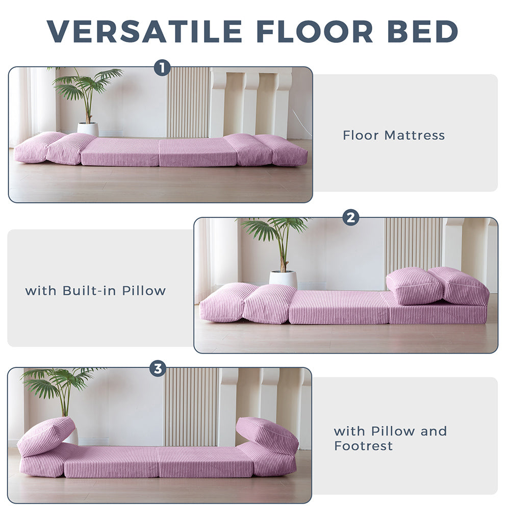 MAXYOYO Corduroy Bean Bag Folding Sofa Bed - Extra Wide Foldable Floor Mattress in Purple | Perfect for Living Room Lounging, Guest Bed & Dorm Room Comfort