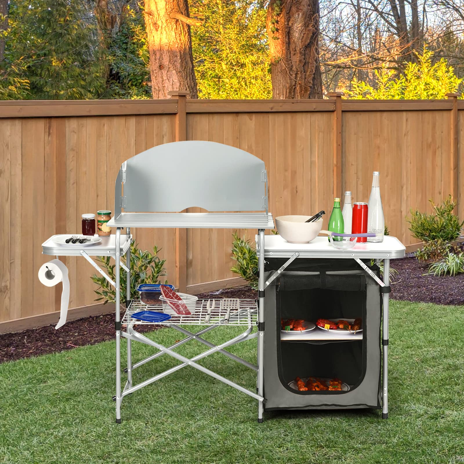 **Tangkula Folding Camping Kitchen Table - Aluminum Portable Grill Table with Windscreen & Storage Shelves | Outdoor Cook Station for Picnics, BBQ & Camping | Quick Setup & Carry Bag Included**