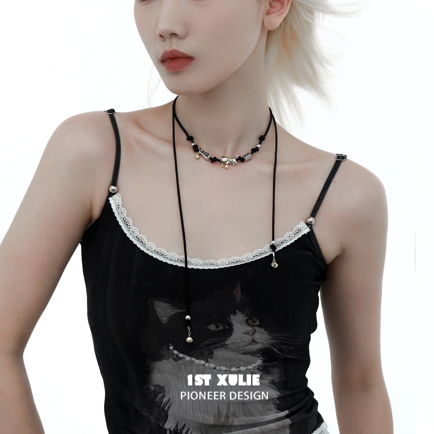 Graffiti Kitten Lazy Cat 18K Gold Plated Leather & Nylon Choker Necklace for Women - Trendy Gothic Punk Jewelry for Concerts, Parties & Everyday Wear