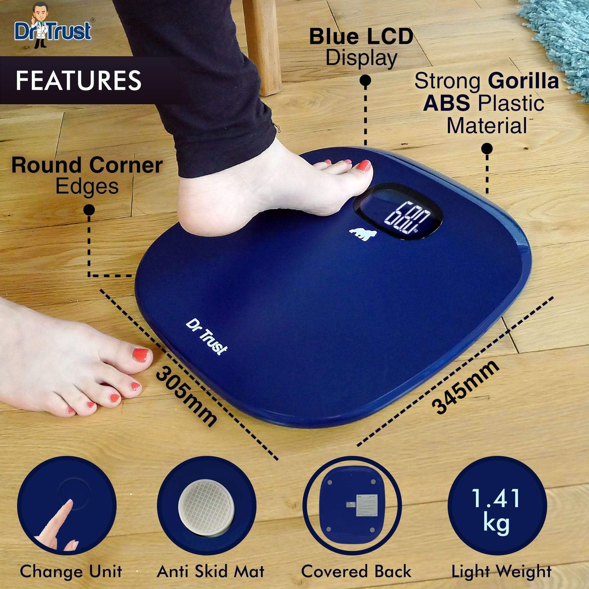 Dr Trust USA ABS Absolute Personal Scale - Digital Bathroom Scale with High Precision, Blue - Perfect for Home, Gym & Health Tracking