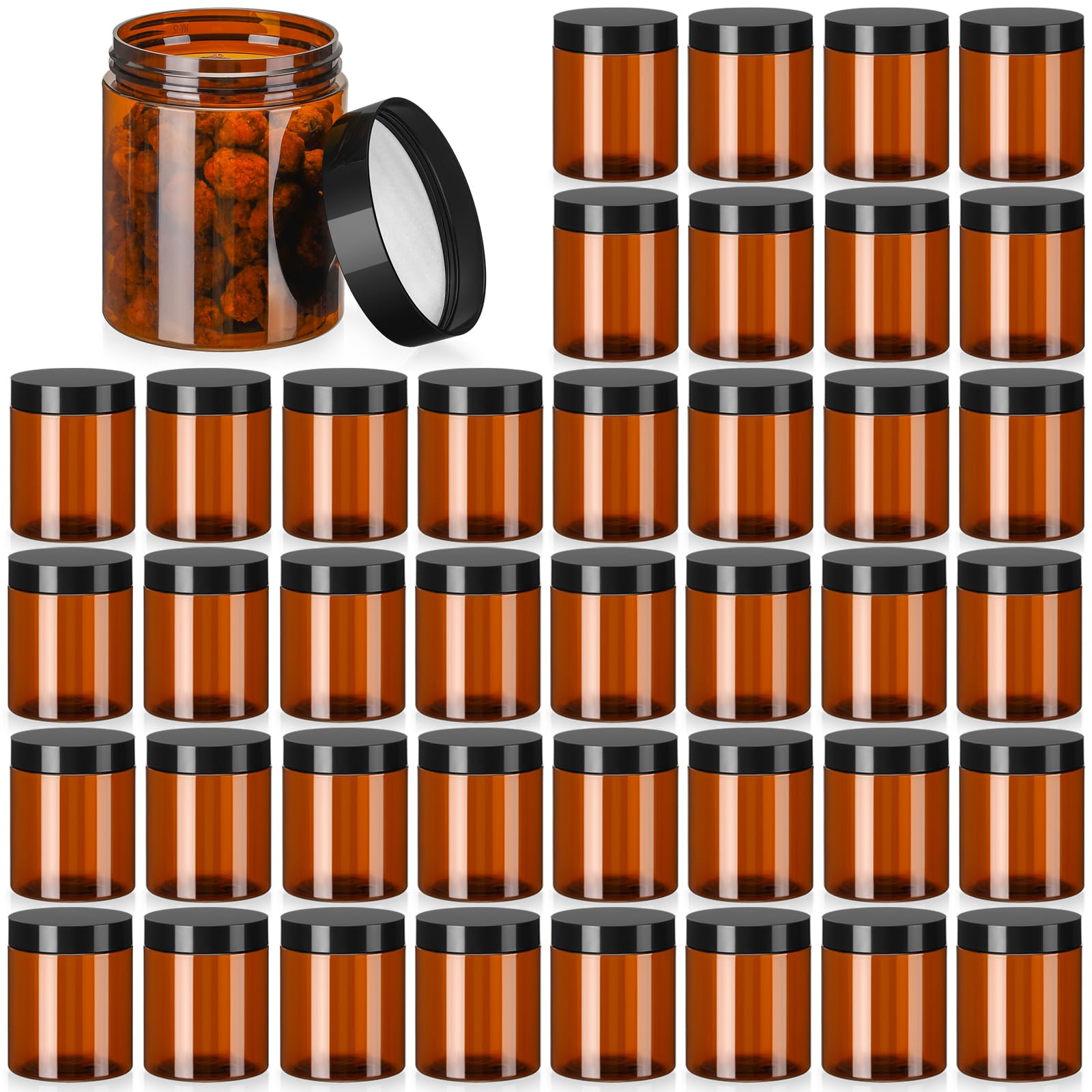 Tanlade 40-Pack 8 oz Amber Plastic Jars with Airtight Lids - Round Refillable Cosmetic Containers for Powder, Liquid, Food Storage | Perfect for DIY Beauty, Spice Organization, Essential Oils & Kitchen Pantry