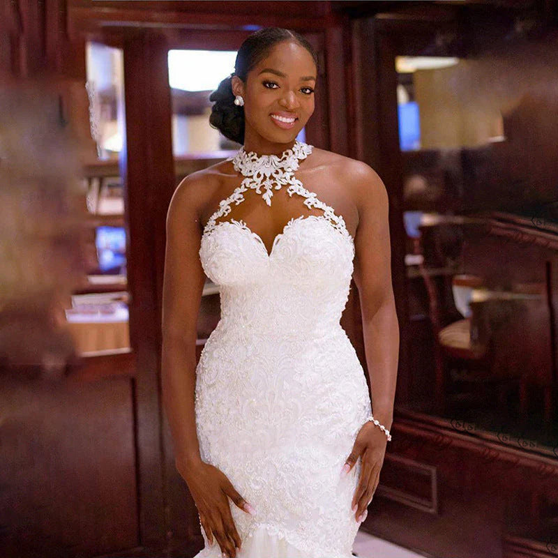 Elegant African Lace High Neck Mermaid Wedding Dress with Beaded Tulle - Perfect for Bridal Ceremonies, Evening Galas & Formal Events