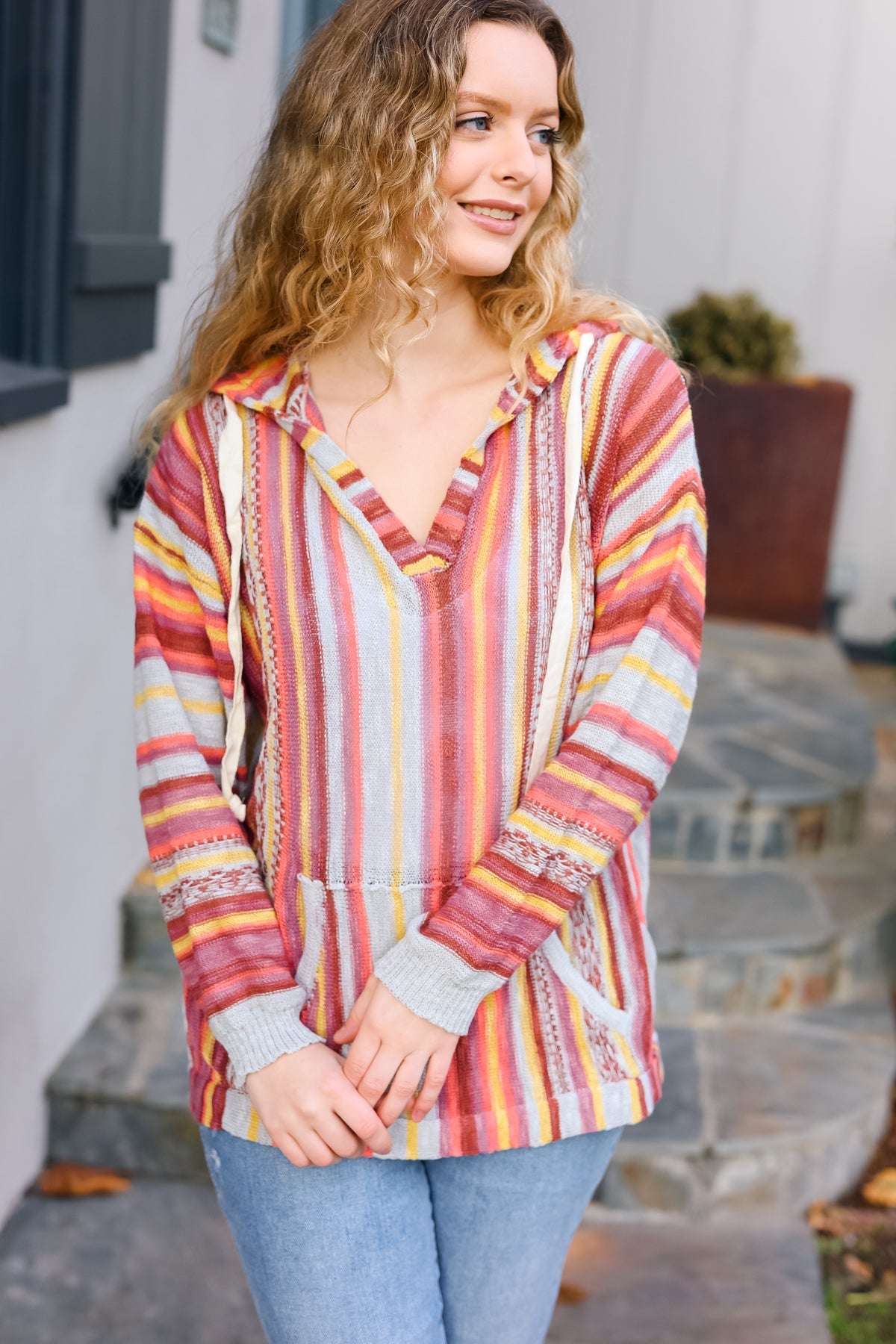 Be Bold Coral & Sienna Stripe Pullover Hoodie with Notched Neck | Women's Casual Sweatshirt for Fall Fashion, Streetwear & Cozy Loungewear