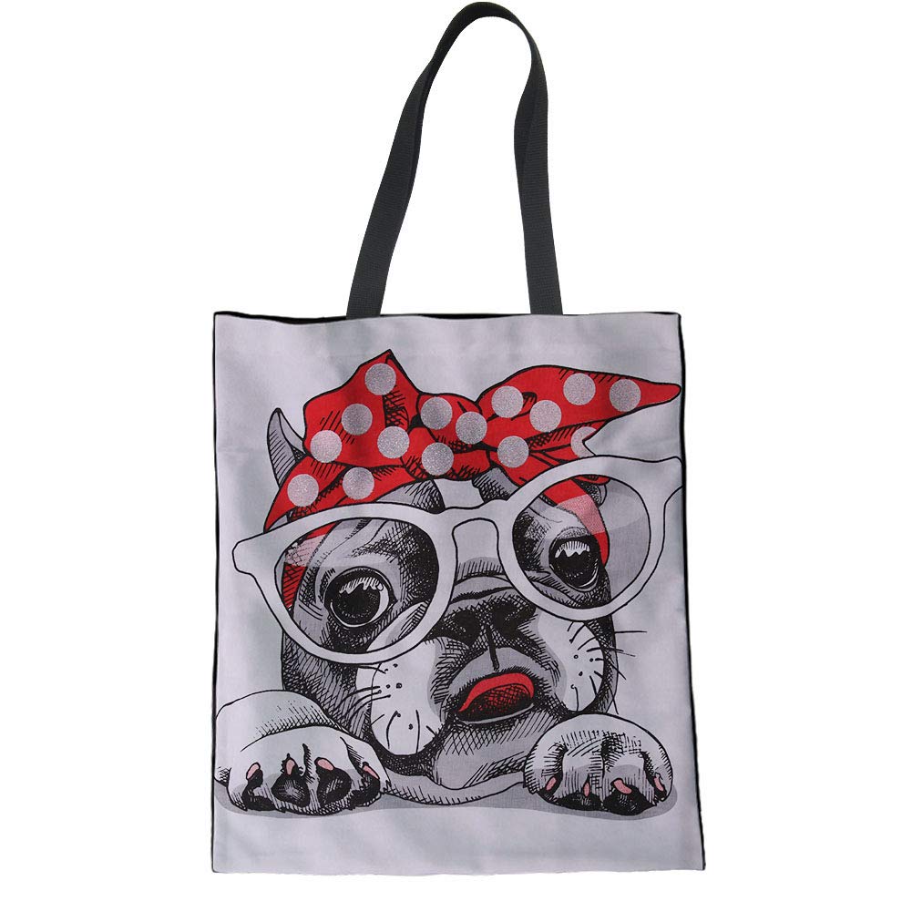 Stylish Reusable Canvas Tote Bag for Women - Cute Pug Dog Print Eco-Friendly Shopping Shoulder Bag (Grey) - Perfect for Groceries, Books, Work & Beach