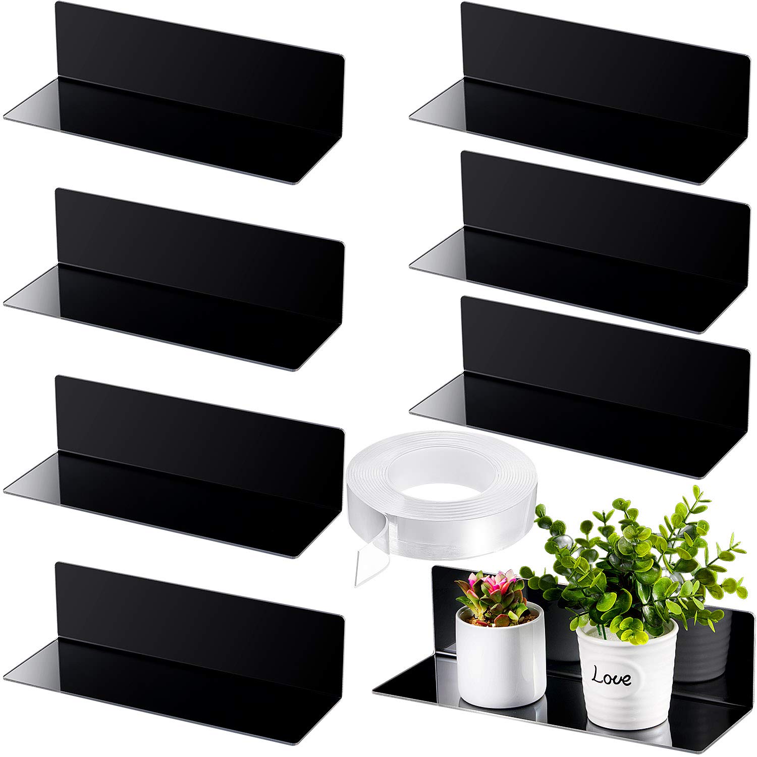 Jetec 8-Piece 12 Inch Clear Acrylic Floating Shelves Set with 5M Nano Double-Sided Tape - Wall Mounted Hanging Bookshelves for Bedroom, Living Room, Bathroom, Office & Gaming Room Decor (Black) | Space-Saving Storage Solution for Books, Plants & Display Items