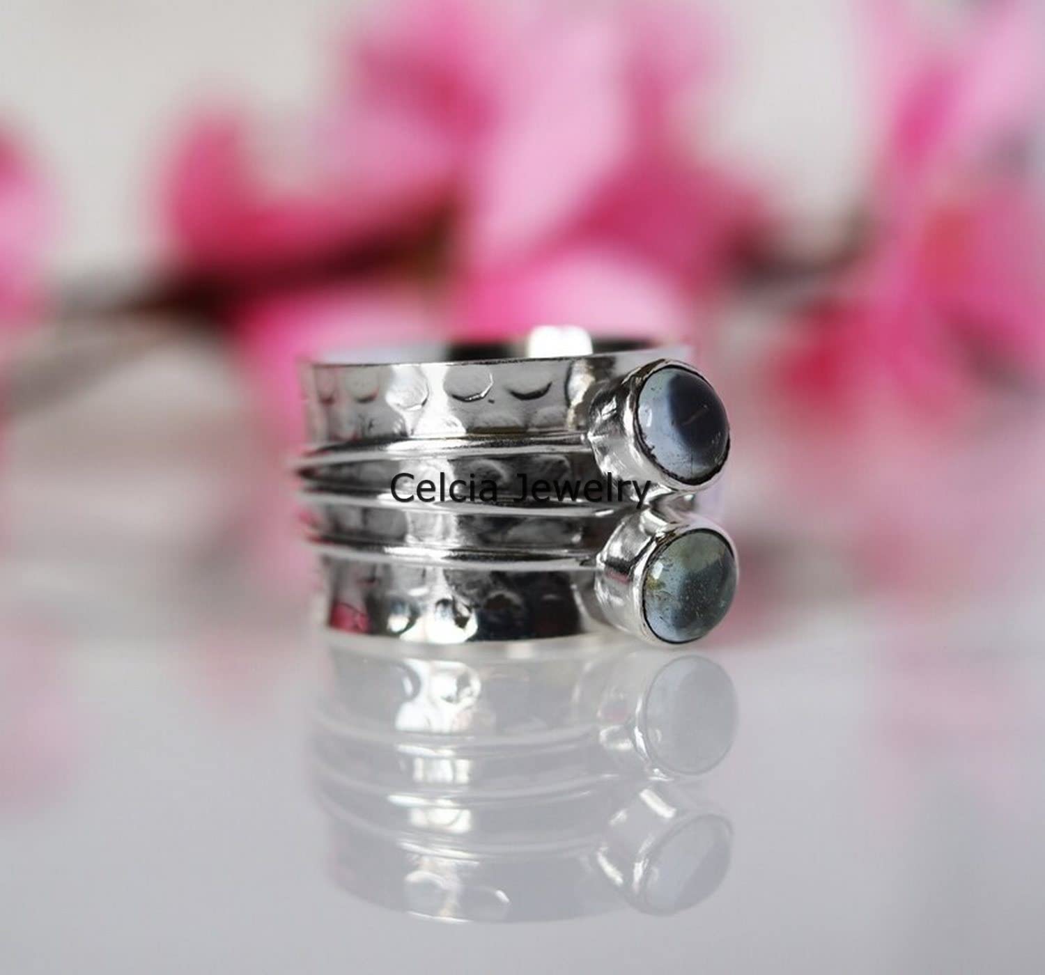 Natural Aquamarine Double Gemstone Heart Spinner Ring - Handmade Hammered Meditation & Fidget Ring for Stress Relief - March Birthstone Jewelry - Perfect Gift for Women, Girlfriend & Loved Ones (Size 7) - Ideal for Anxiety Relief, Mindfulness Practice & Stylish Everyday Wear