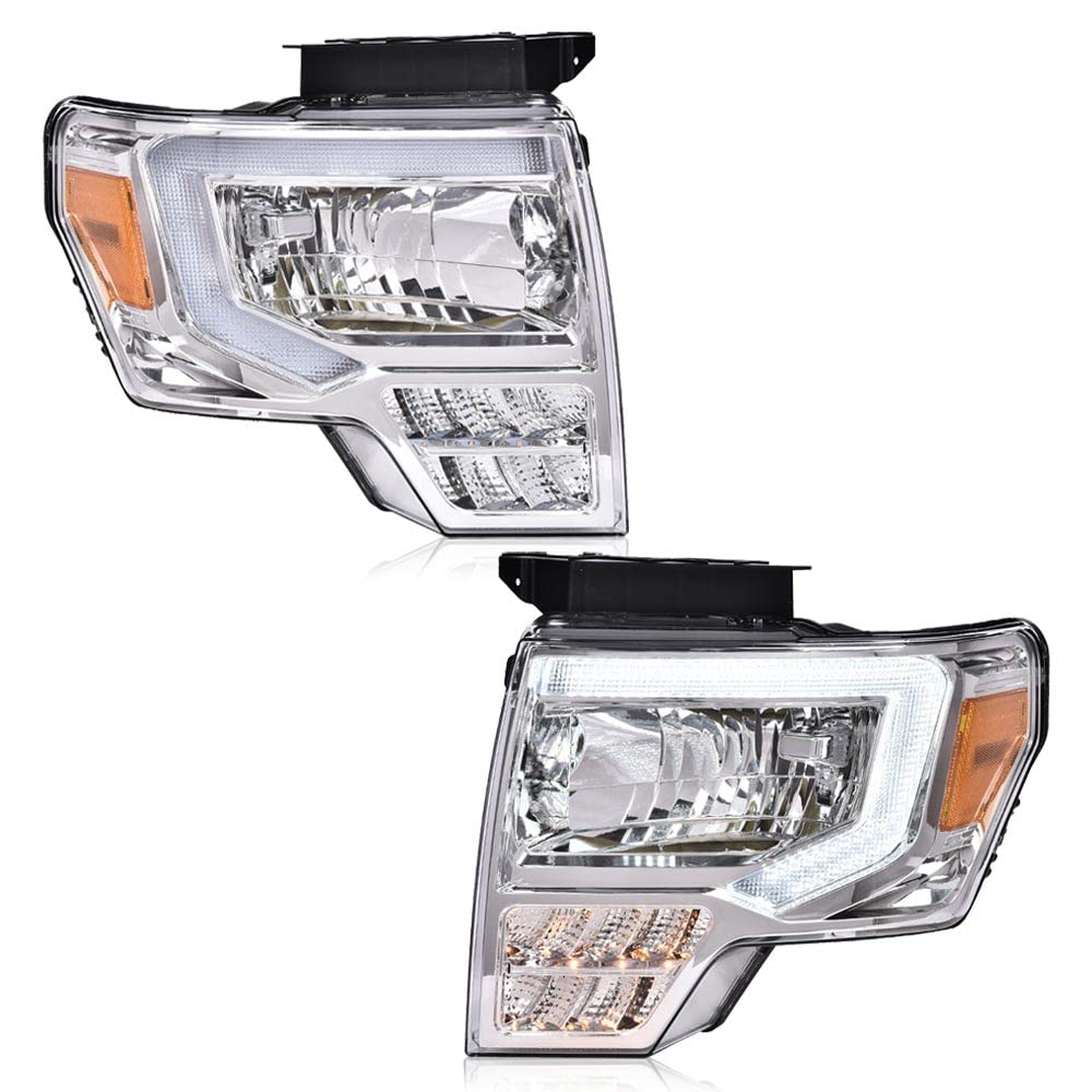 PIT66 LED Headlight Assembly for Ford F150 2009-2014 - Direct Replacement for Factory Halogen Headlights - Clear Lens & Chrome Housing with LED Light Bar - Perfect for Night Driving & Off-Road Adventures