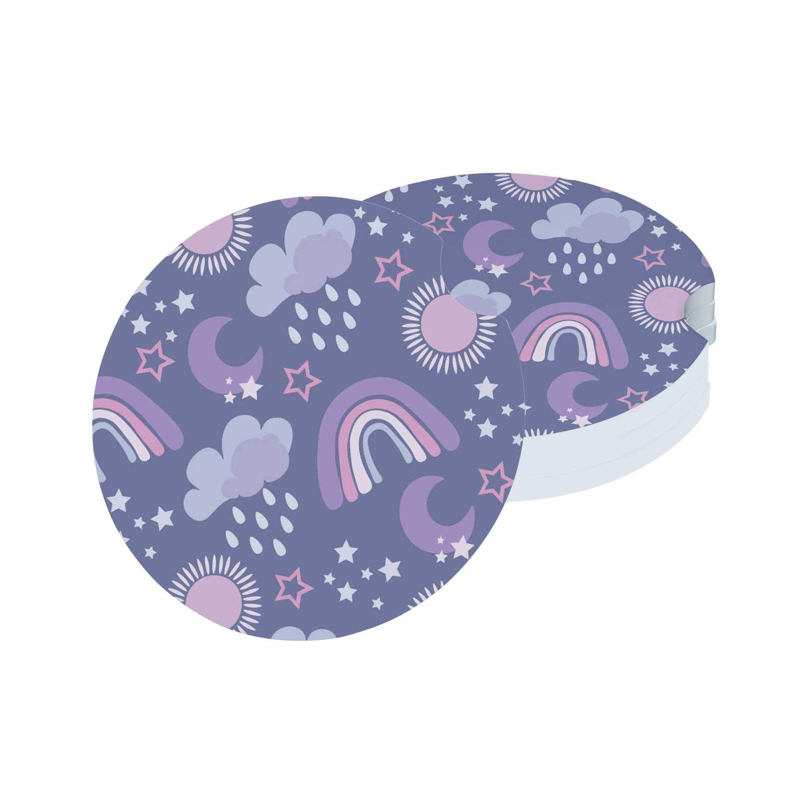 **Ceramic Car Coasters for Cup Holder - Cartoon Rainbows, Clouds, Sun, Moon & Stars Design - Absorbent Wooden Backing Non-Slip Drink Coasters - Universal Fit for Cars, SUVs & Trucks (4PCS) - Perfect for Road Trips, Commuting & Daily Use**