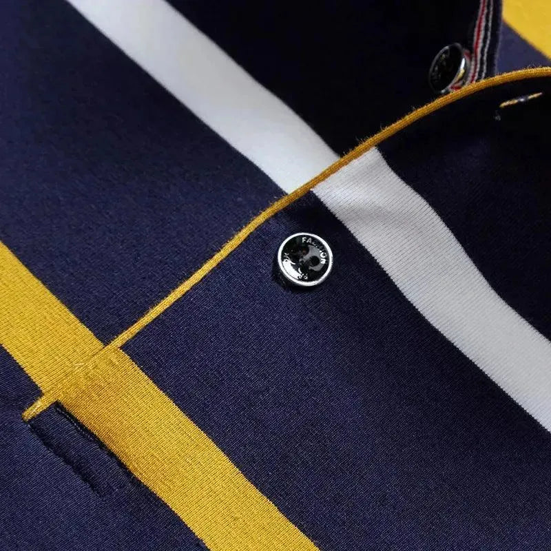 Men's Striped Polo Shirt - 100% Cotton Long Sleeve Casual Shirt for Business, Golf & Everyday Wear