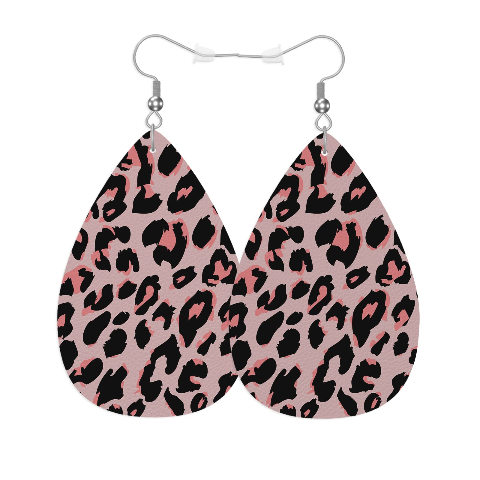 Pink Leopard Print Fashion Leather Teardrop Earrings for Women - Lightweight Animal Spot Skin Design, Africa Wild Leopard Cat Inspired Jewelry - Perfect for Bridal, Gifts, Parties and Everyday Wear