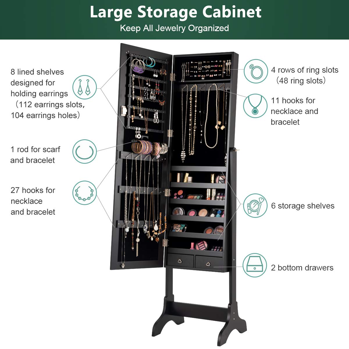 WATERJOY Jewelry Organizer with Full-Length Standing Mirror - 4 Adjustable Angle Lockable Jewelry Cabinet & Storage Armoire - Perfect for Bedroom, Closet & Dressing Room Organization