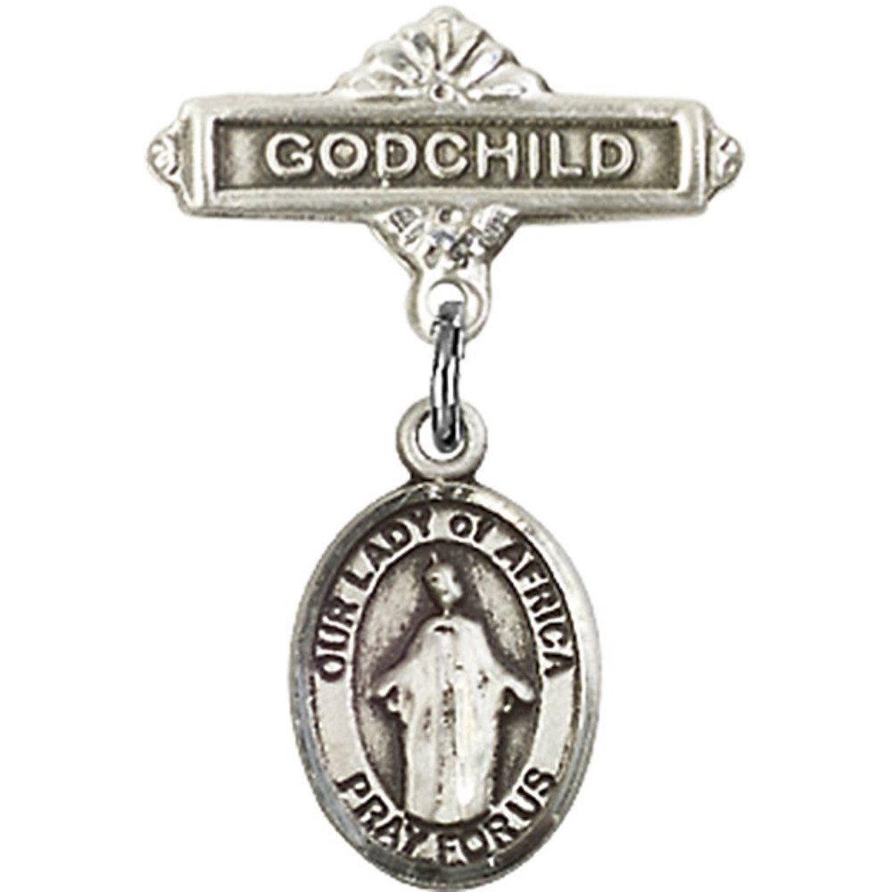 Sterling Silver Baby Badge with Our Lady of Africa Charm - Godchild Gift Pin 1 X 5/8 Inches - Perfect for Baptism, Christening & First Communion Jewelry Gifts